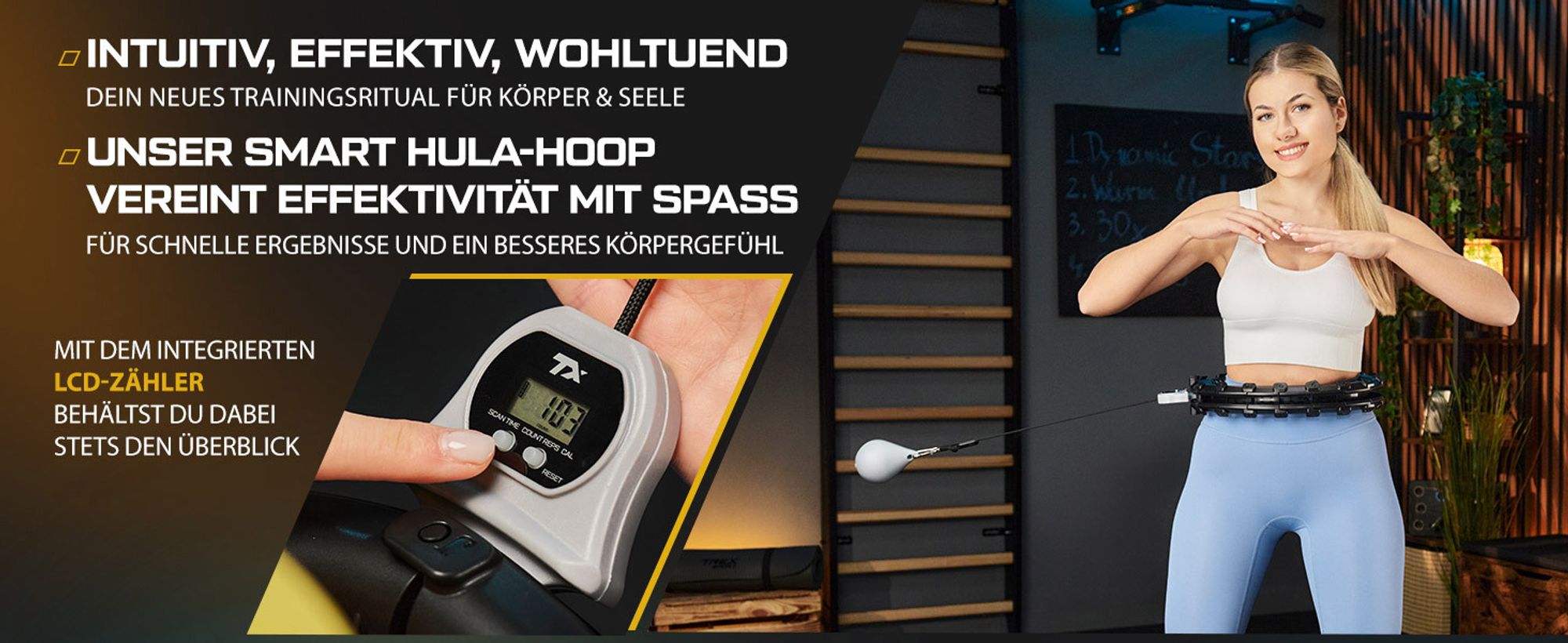 TREX SPORT Smart Hula Hoop Reifen mit Zähler TX-020CHH | Fitnessreifen mit LCD Display, 400g Gewicht, 24 Segmente, 360° Massage mit Noppen | Schwarz
