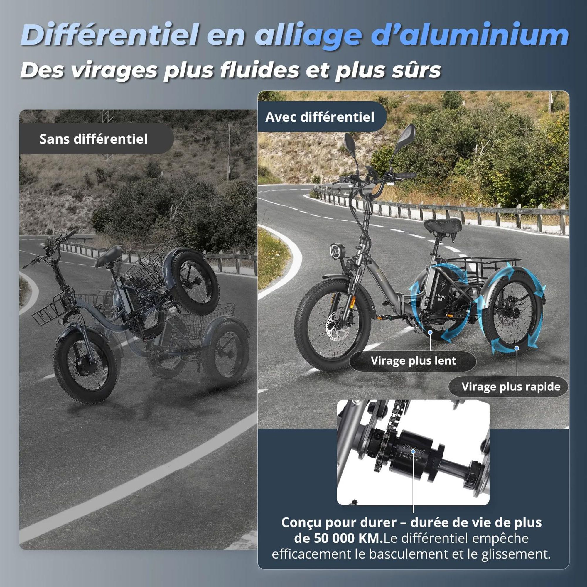 FAFREES F20 Mate Triporteur Électrique - Batterie 48V21AH Freins Hydrauliques - Gris bleu