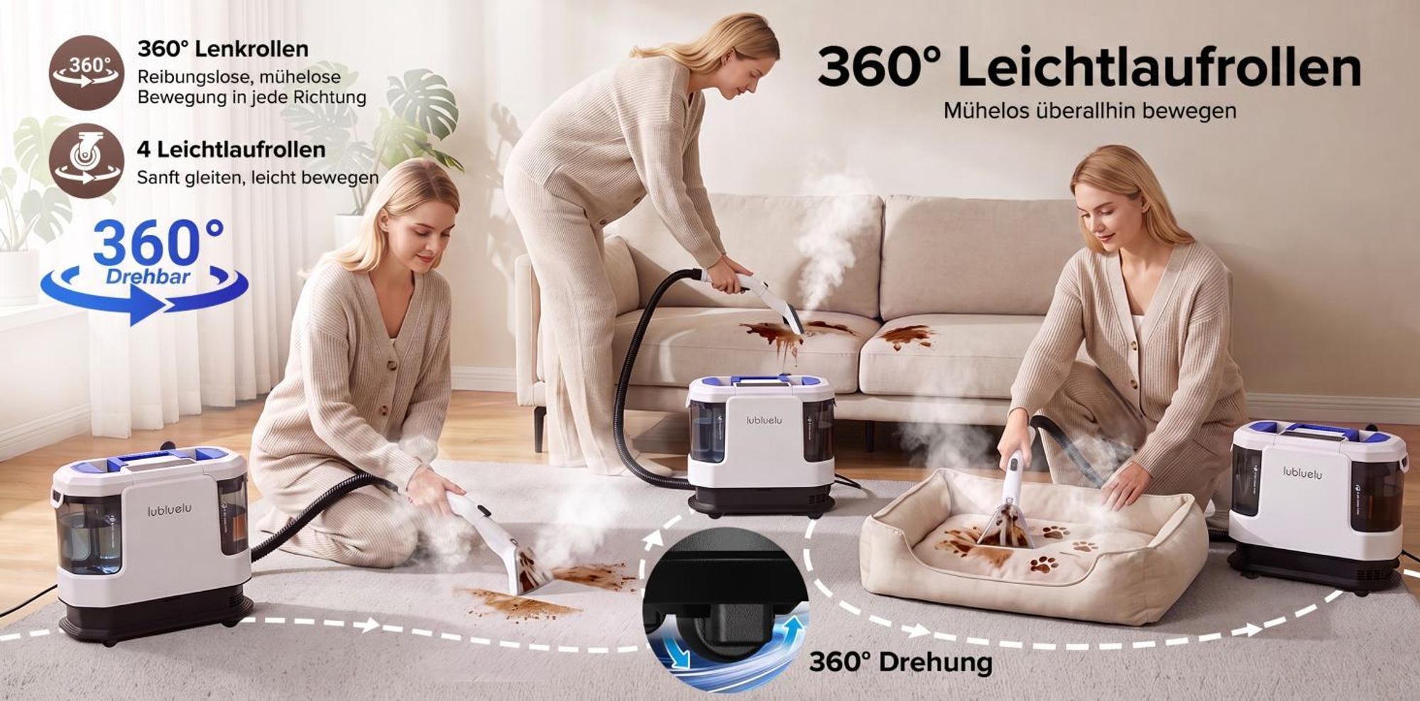 Lubluelu V11 5-in-1 Polsterreiniger Waschsauger Teppichreiniger 30 kPa Dampffunktion 4 Modi 1900 W inkl. Zubehör, 1,9 L+1,1 L Doppeltank für Sofa Auto