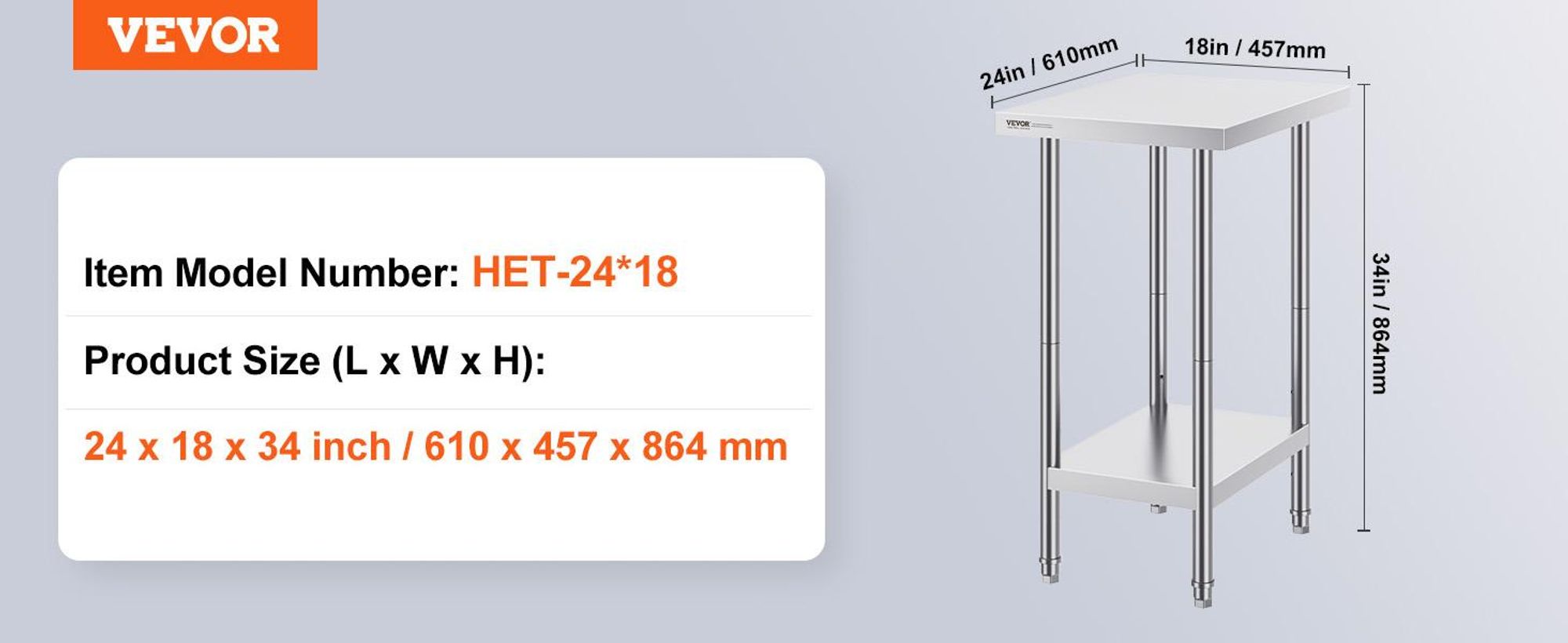 VEVOR Edelstahl Vorbereitungs Tisch, 24 x 24 x 34 Zoll, Schwerlast Metall Arbeitstisch mit 3 verstellbaren Höhenstufen, Gewerbliche Arbeitsstation für Küche Garage Restaurant Garten, 610x457x864 mm