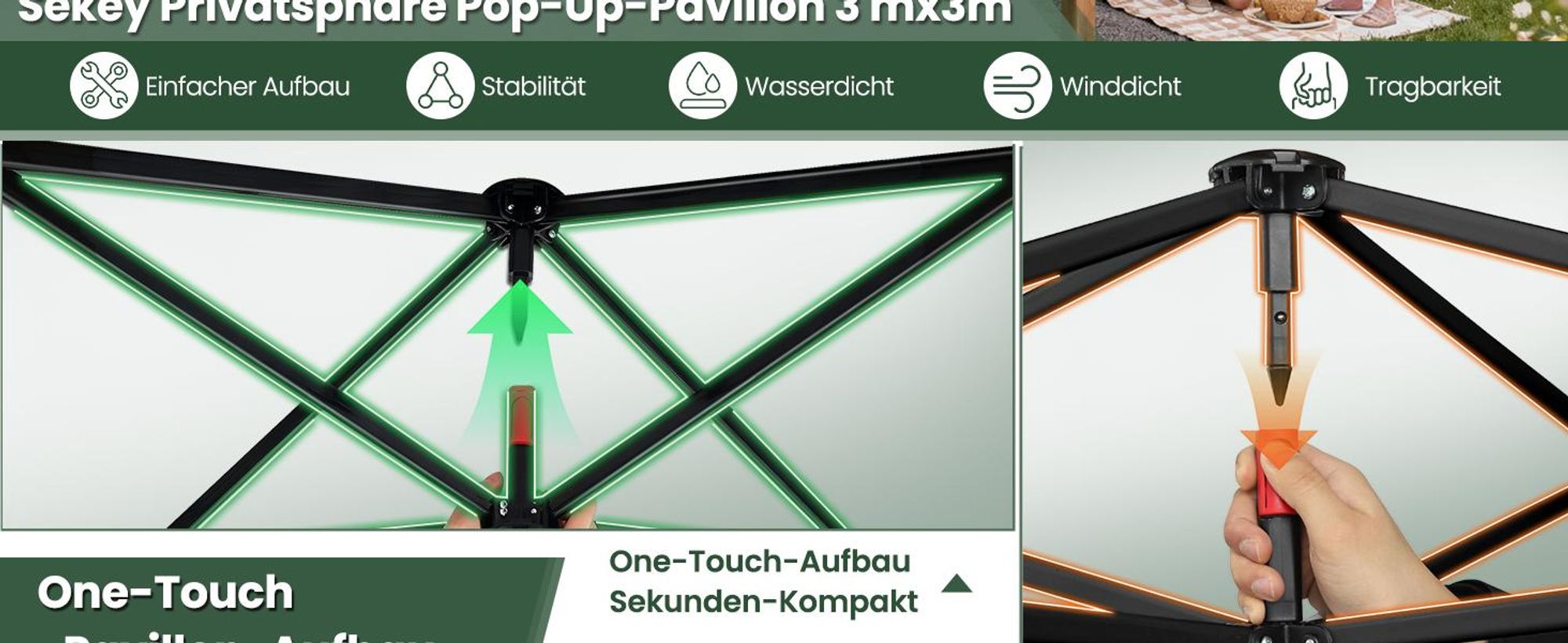 Sekey Faltpavillon 3x3 m Gartenpavillon mit 4 Seitenteilen und Privatsphären Fenster