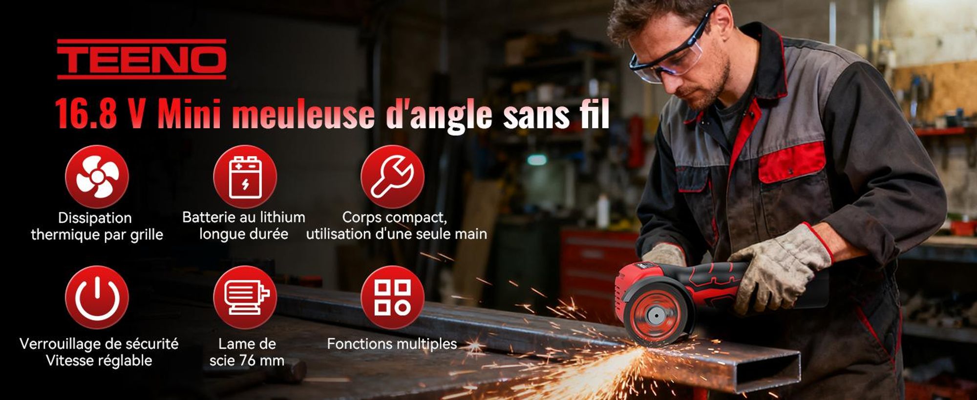 Meuleuse d'Angle TEENO 19 500 RPM - Disqueuse Sans Fil 76mm, Kit Complet avec 2 Batteries 2000mAh et 6 Disques - Pour Meulage, Polissage, Découpe