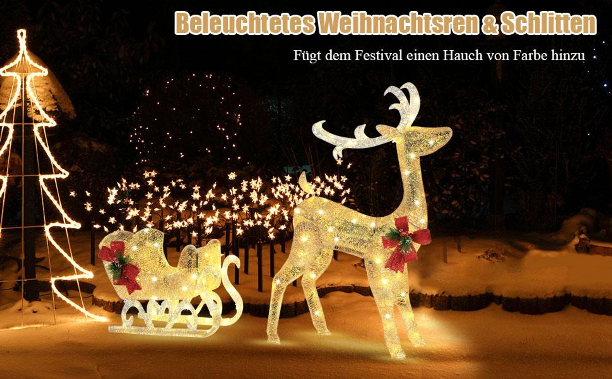 COSTWAY LED-Rentier mit Schlitten & 100 warmweißen Lichtern, beleuchtete Rentier Weihnachtsfigur, Weihnachtsdeko Weihnachtsbeleuchtung Außen & Innen