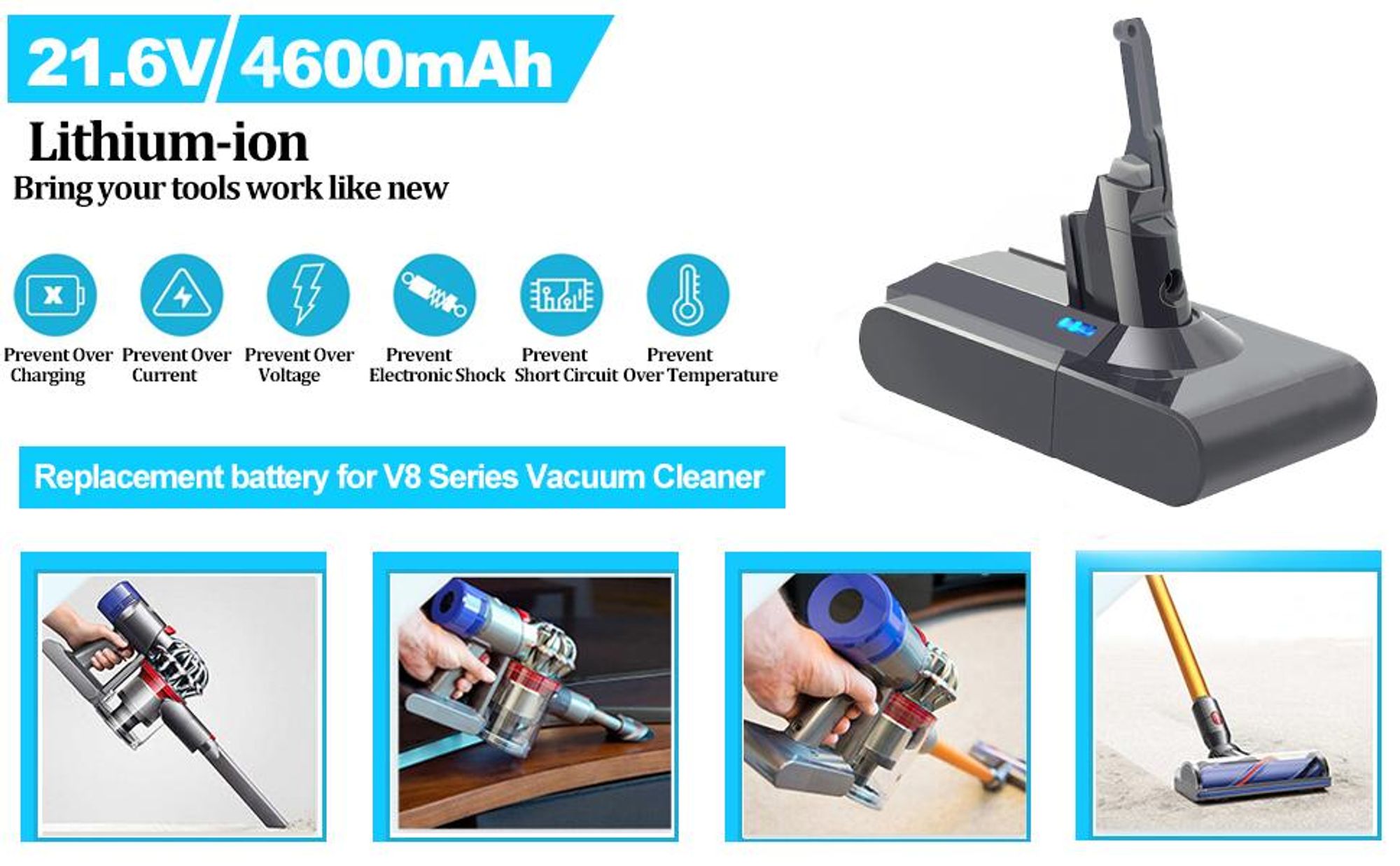 Juksun 21,6 V Dyson V8 Akku für Dy_Son V8 Akku Ersatz 4600 mAh, kompatibel mit Dy_Son V8 Animal V8 Absolute V8 Fluffy schnurlosen Stabstaubsauger
