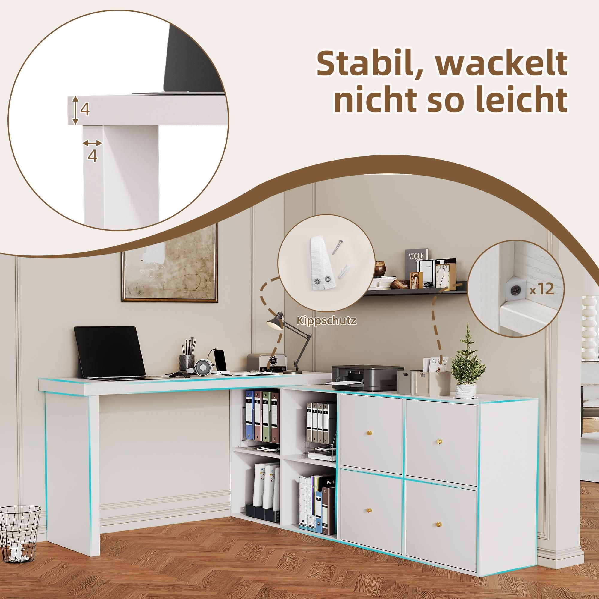 Merax Eckschreibtisch, L-förmiger Schreibtisch, 360° drehbar, Computertisch mit 8 Fächer, 4 Schubladen, Bürotisch, Arbeitstisch, Weiß