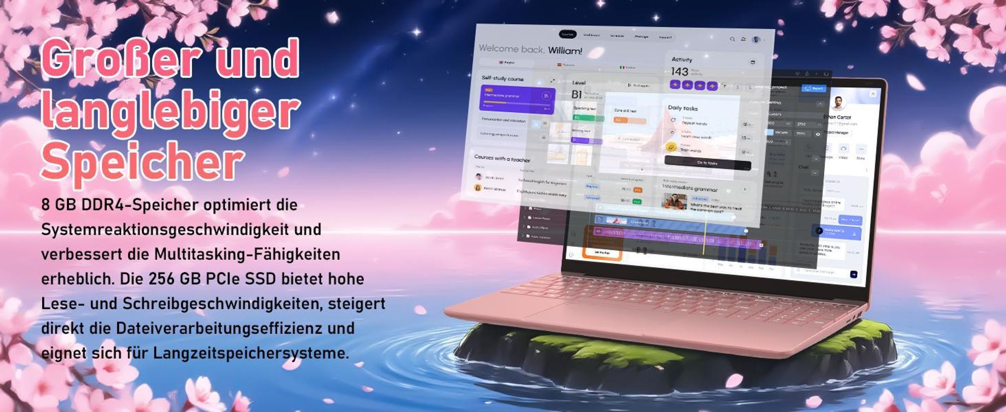 Molegar 15.6" Pink Laptop, 5205U, FHD, 8GB DDR4, 256GB PCIe SSD, Backlit KB, Fingerprint, 180° Hinge, 6000mAh Battery, Webcam, WiFi 5, USB 3.0, Rosa