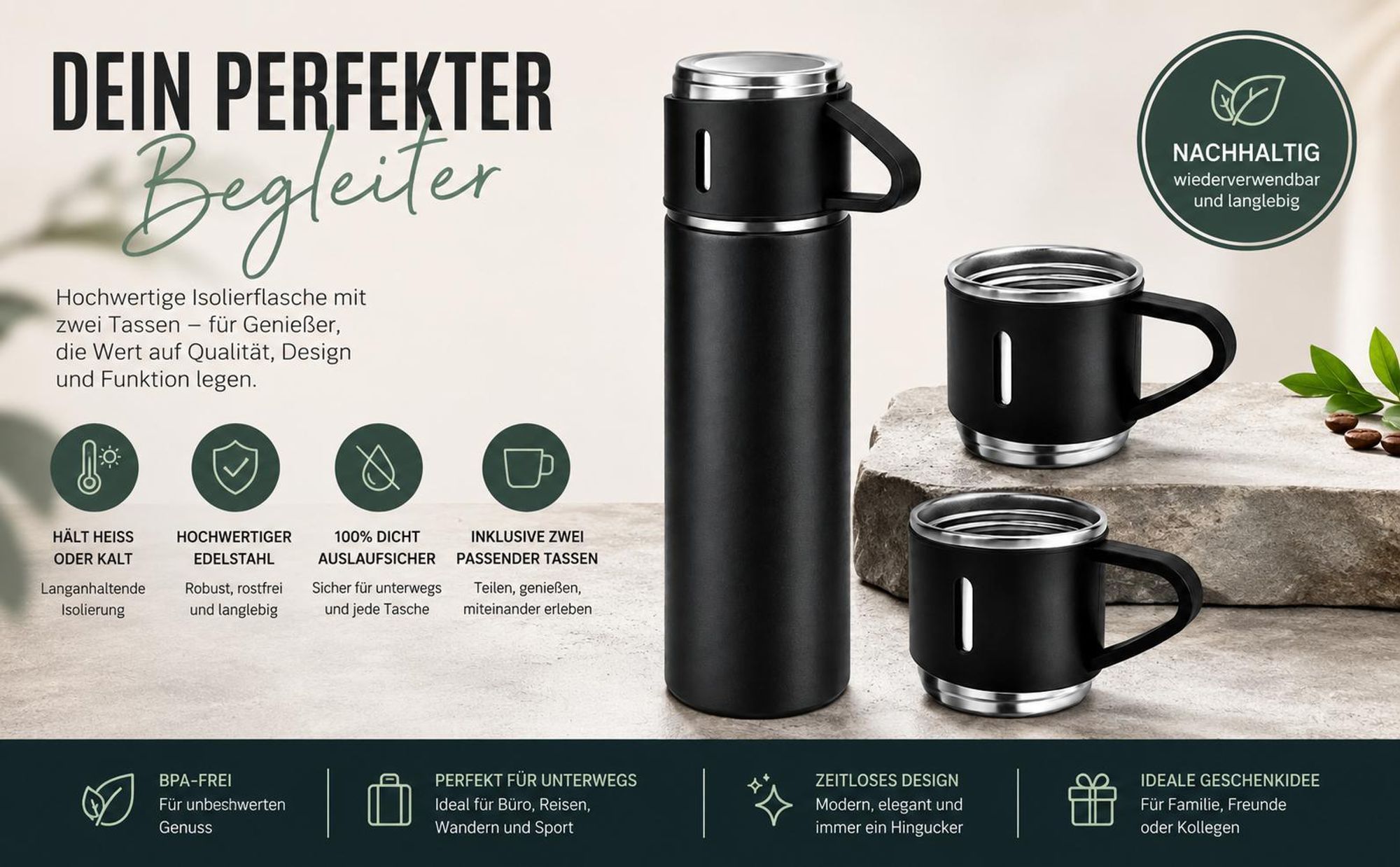 Thermosflasche Set mit Becher Thermoskanne Thermosbecher Isolierflasche Outdoor Heiß Kalt Vakuum Reisebecher 2 extra Bechern Auslaufsicher Edelstahl
