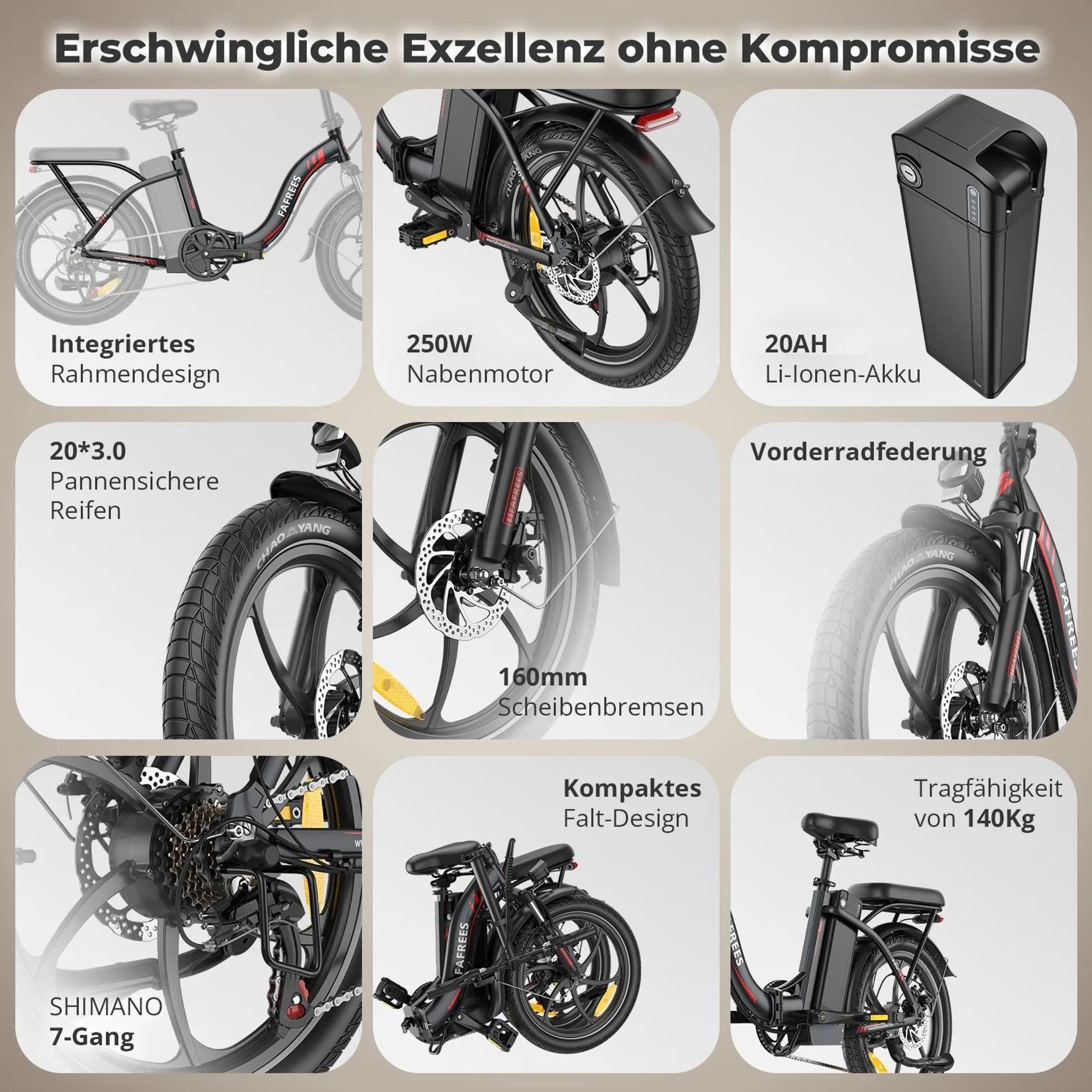 E-Bike FAFREES F20+ - Motor 250W Akku 36V20Ah 20 Zoll R?der Mechanische Scheibenbremse - Schwarz