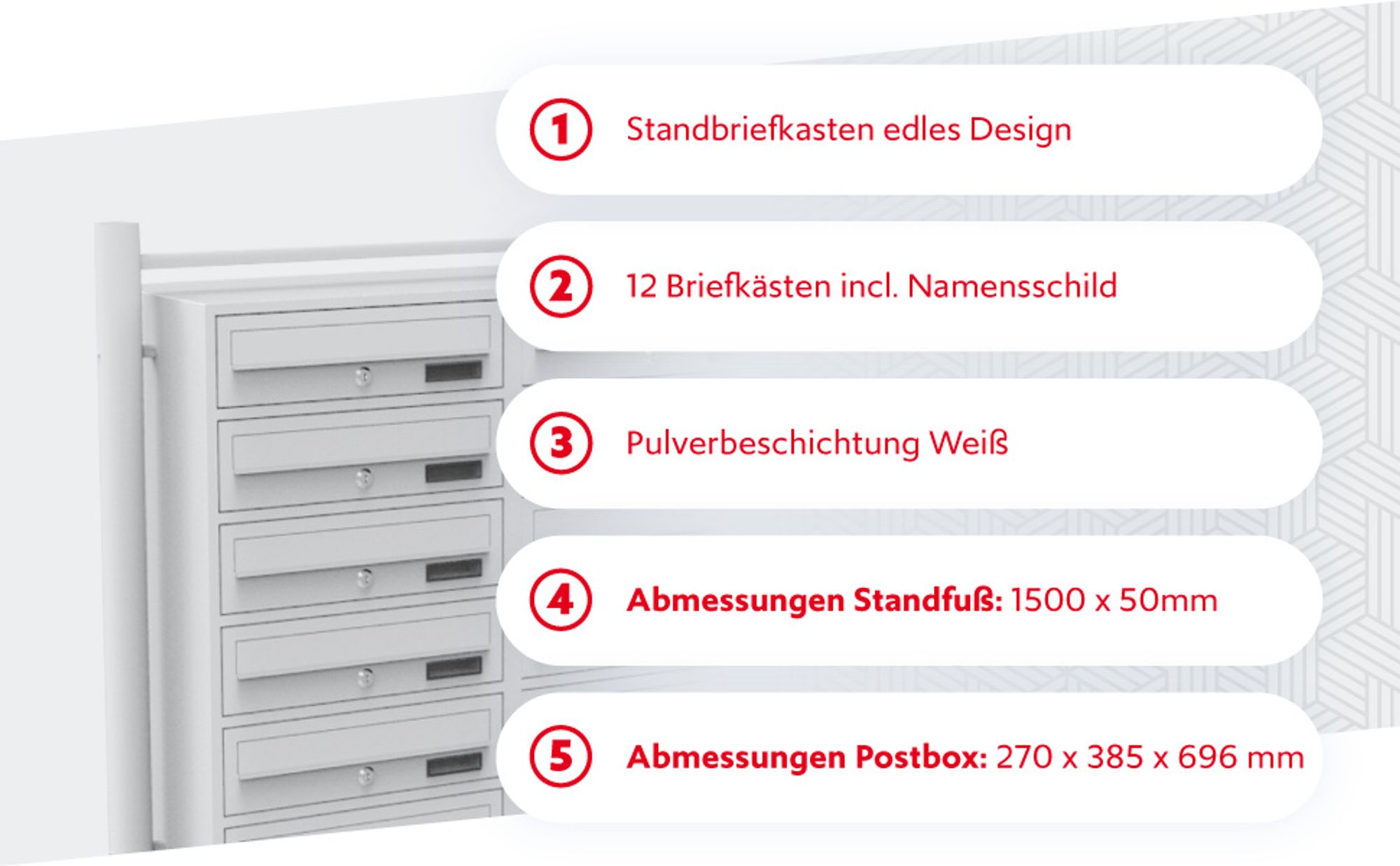 Wiltec 12er Briefkastenanlage weiß 945 x 270 x 1500 mm, Standbriefkasten mit 2x6 Fächern, Schlüssel und Namensschild, Briefkasten Postkasten mit Ständer