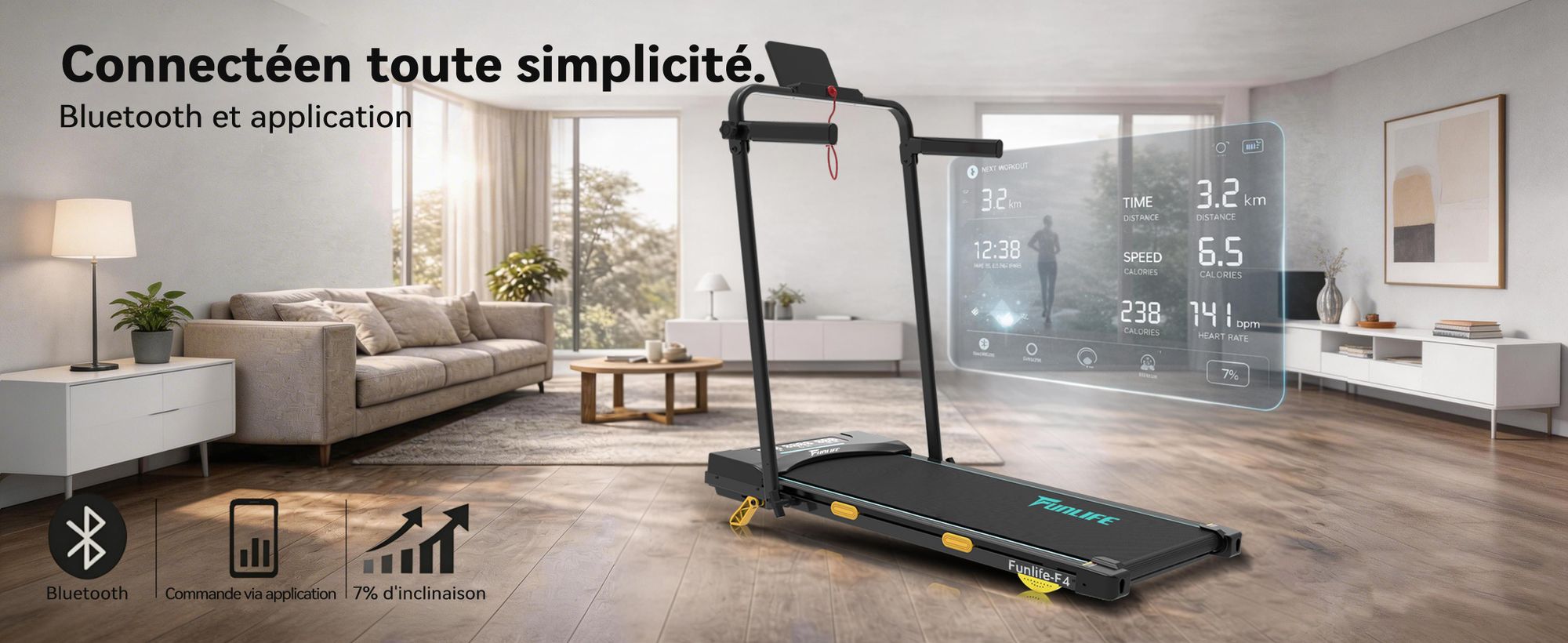 FunLife F4 Tapis de course pliable, Walking Pad 4-en-1 avec inclinaison de 7 %, silencieux pour la maison et le bureau, adapté aux sen, bleu