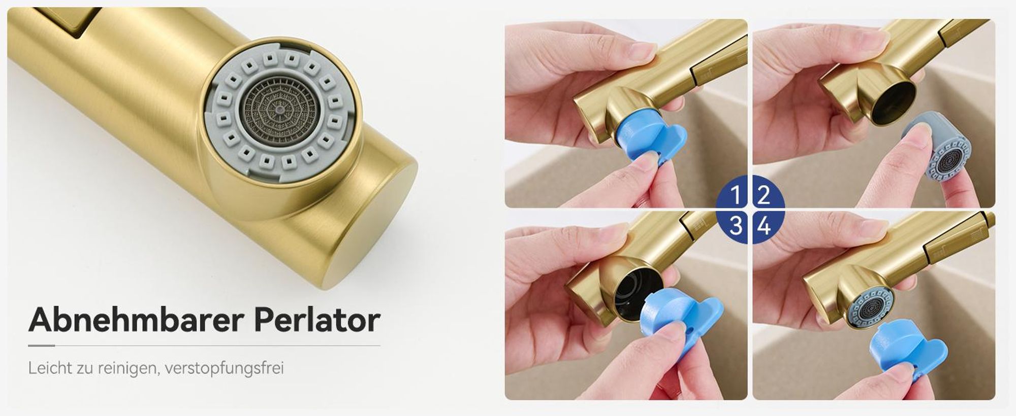 Küchenarmatur Edelstahl 304 Gold gebürstet 400mm Ausziehbares 360° Vollständig Drehbar Dualer Wassermodus 100% Metallfreier Wasserweg(CECIPA)