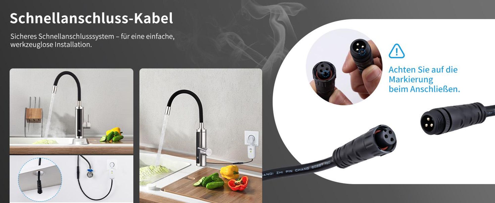 Homelody Elektrischer Wasserhahn mit Durchlauferhitzer 220V 3300W, Armatur Küche 304 Edelstahl mit 360° Flexibler Schlauch LED Temperaturanzeige