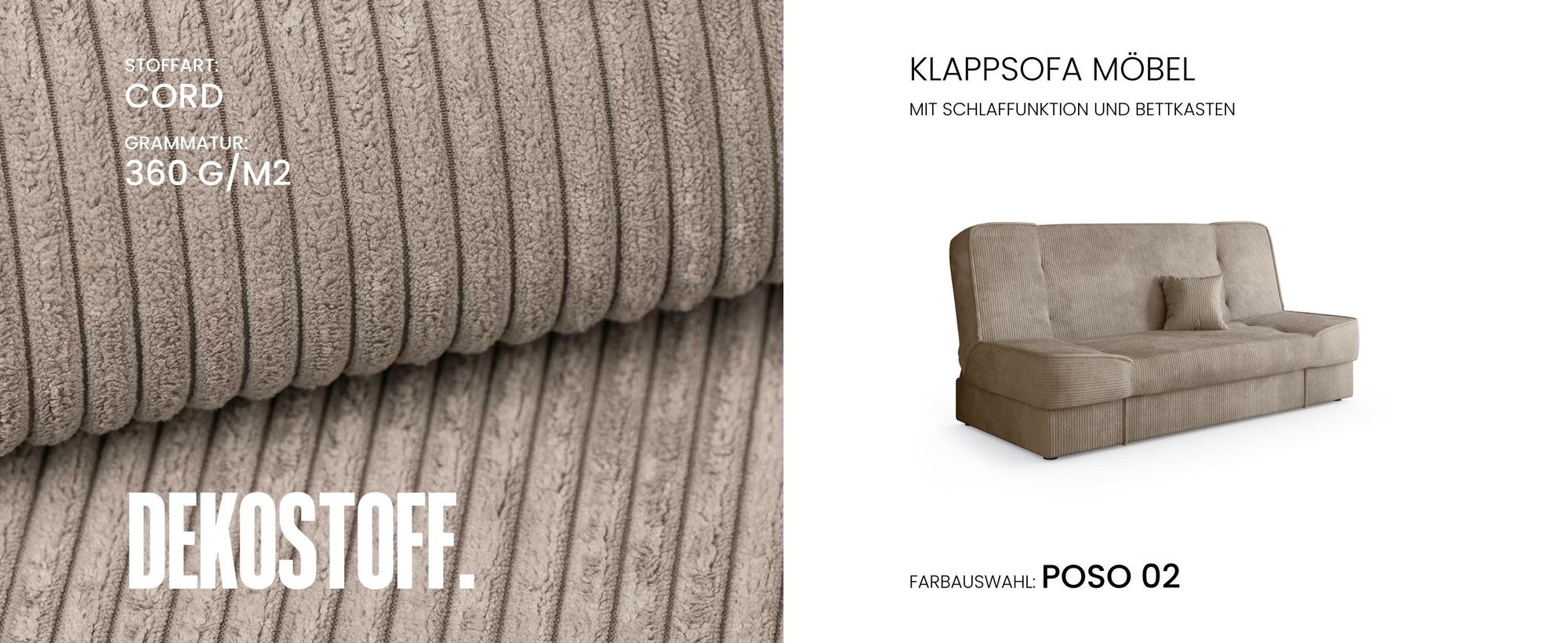 BroMARKT Sofa mit Schlaffunktion TOLIA Schlafsofa mit Bettkasten Klappsofa Couch 190x115 cm Beige Cordstoff