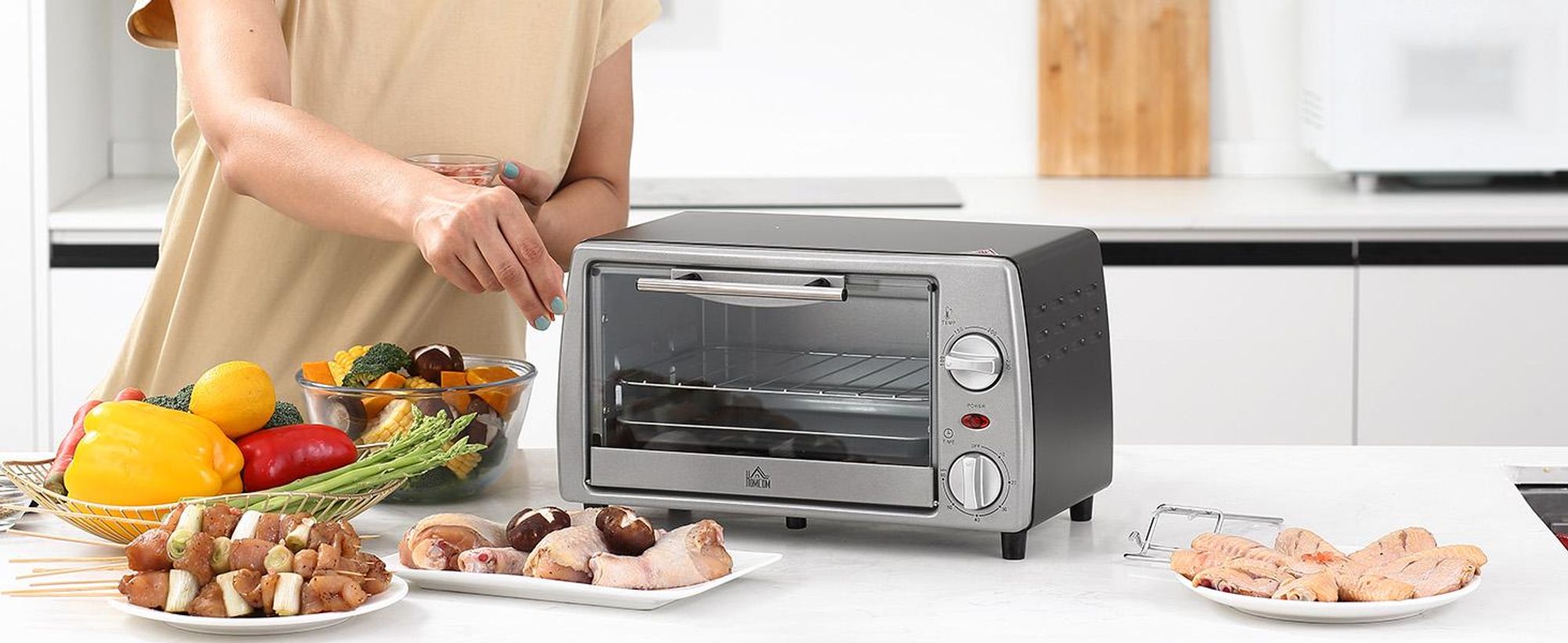 HOMCOM Mini Backofen 10 Liter 750W Kleiner Elektrobackofen, Silber