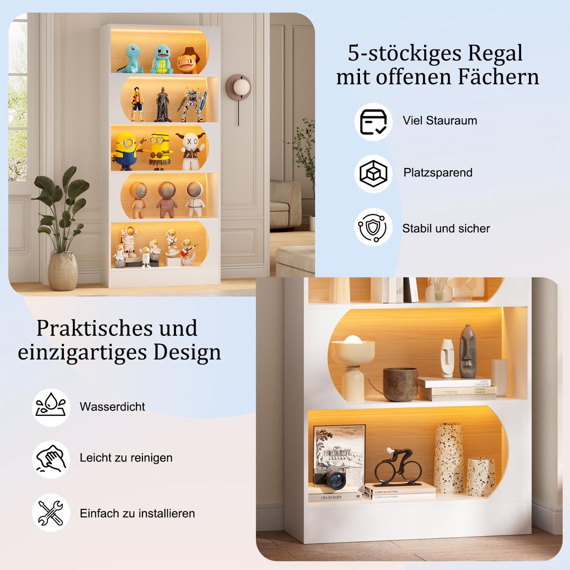 Bücherregal mit LED Beleuchtung, 5 Ebenen freistehend, 180 cm hohes Standregal mit offenen Ablagen, modernes Aufbewahrungsregal für Wohnzimmer, Weiß