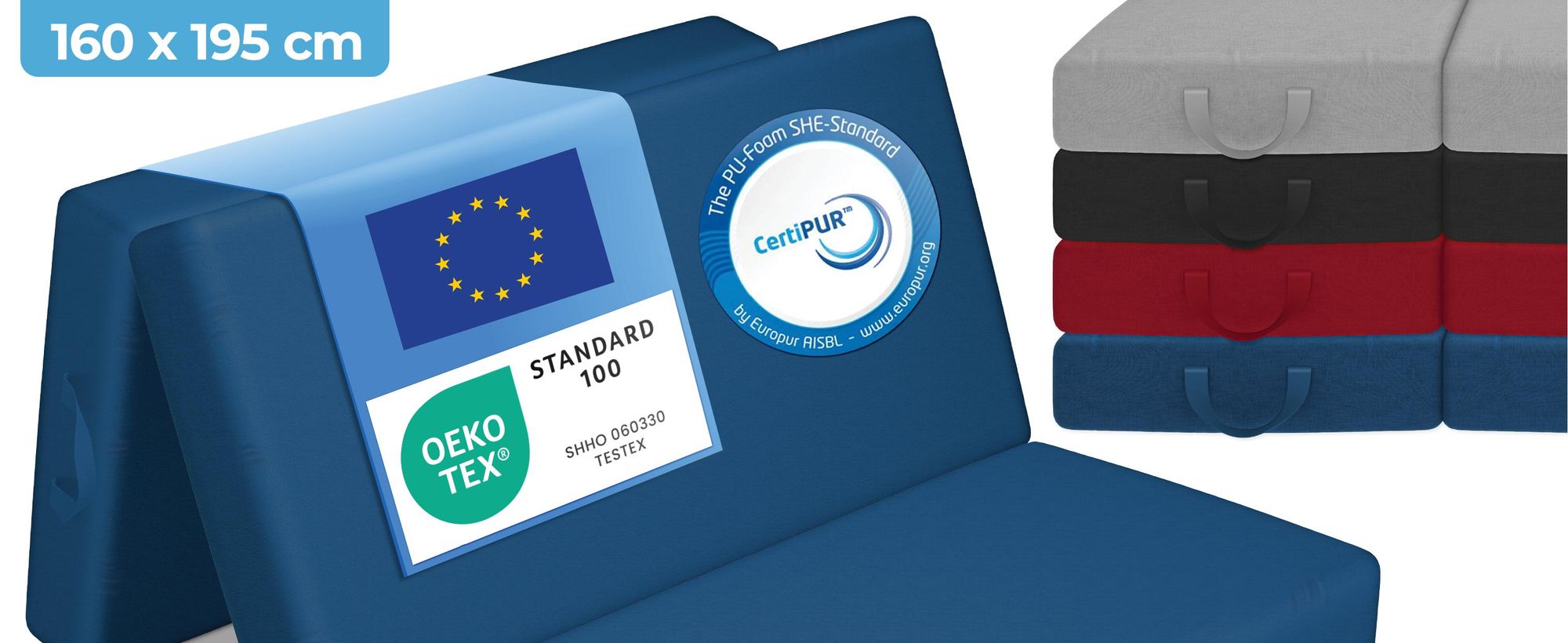 ELONEO Opklapbare matrassen, gastenmatrassen, 3-delige opvouwbare matrassen, extra dik schuim (15 cm), geschikt voor mensen met rugproblemen, opklapbaar, opvouwbare matras (blauw)