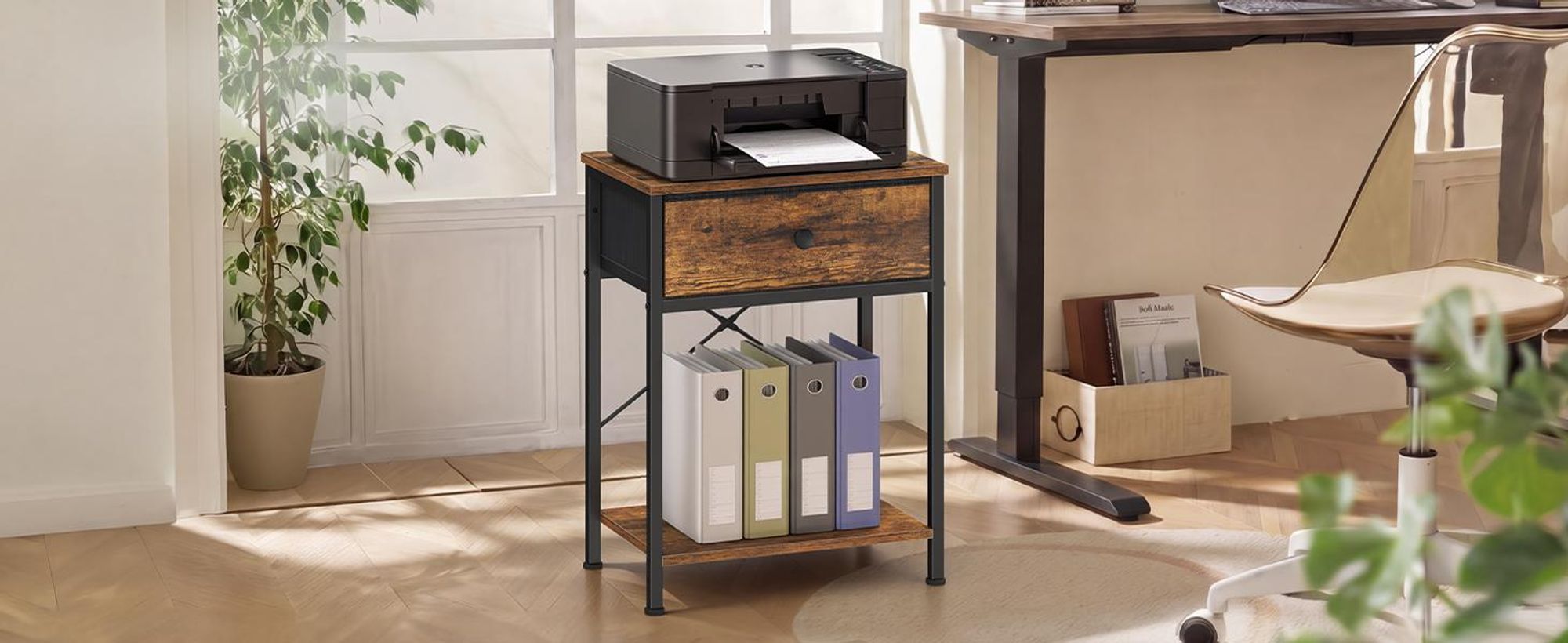 SONGMICS Bestelltisch mit Schublade, Nachtschrank mit Ablage, Nachttisch für Wohnzimmer, Schlafzimmer, Holz, braun