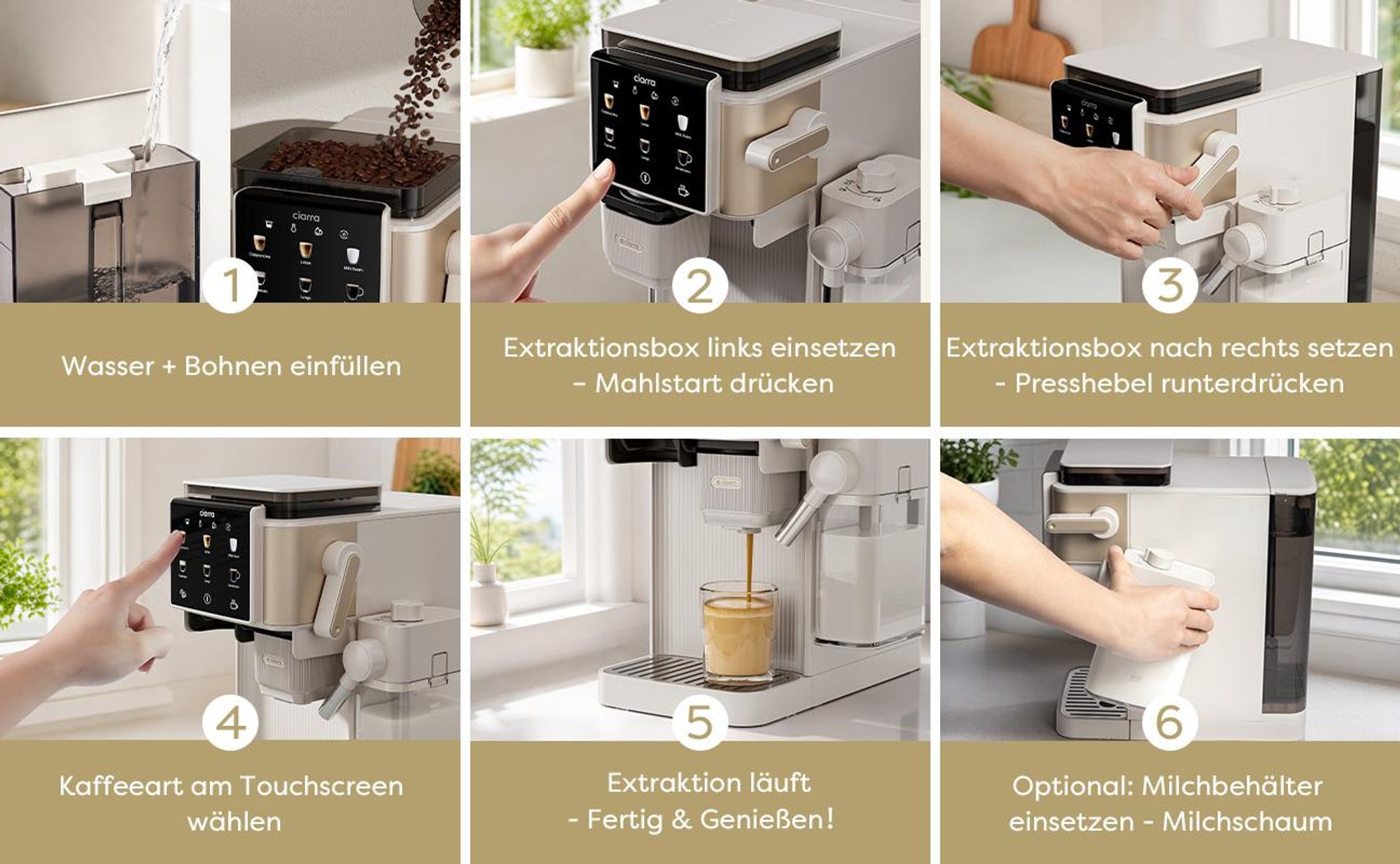 CIARRA Kaffeemaschine mit Mahlwerk Bohnen, 15 Bar, Touch-Display, Espressomaschine mit Milchaufschäumer(300 ml), 6 Mahlstufen CBSACM-D6