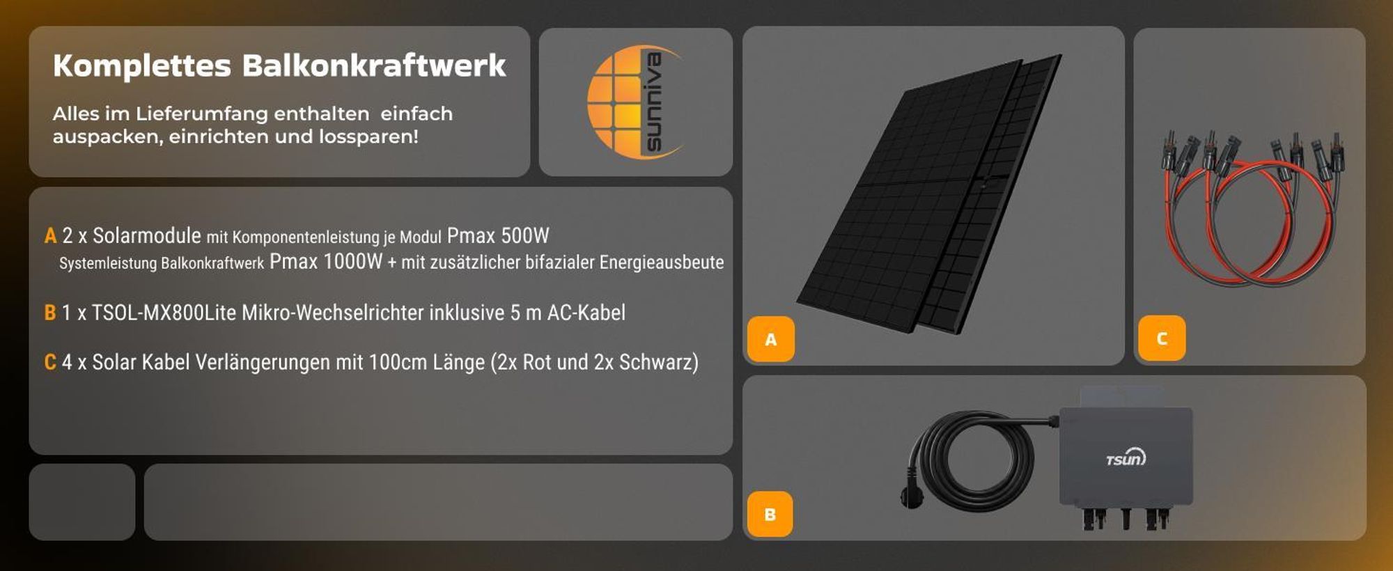 SUNNIVA® 1000W Balkonkraftwerk BIFAZIAL FULLBLACK komplett Steckdose TSUN 800 Watt Wechselrichter, Komplettset 2x 500W PV Solaranlage Solarmodule