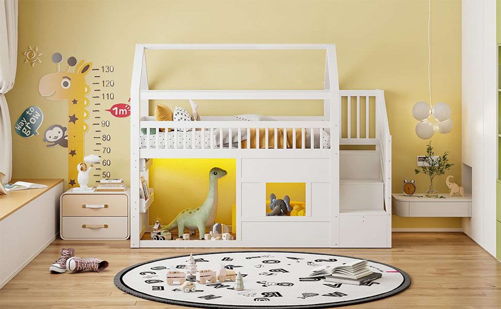 Merax Etagenbett Hochbett 90x200 cm, Hausbett mit Stauraumtreppe, LED Beleuchtung, Kinderbett Holz, Jugendbett, Hausdesign Stockbett, Weiß