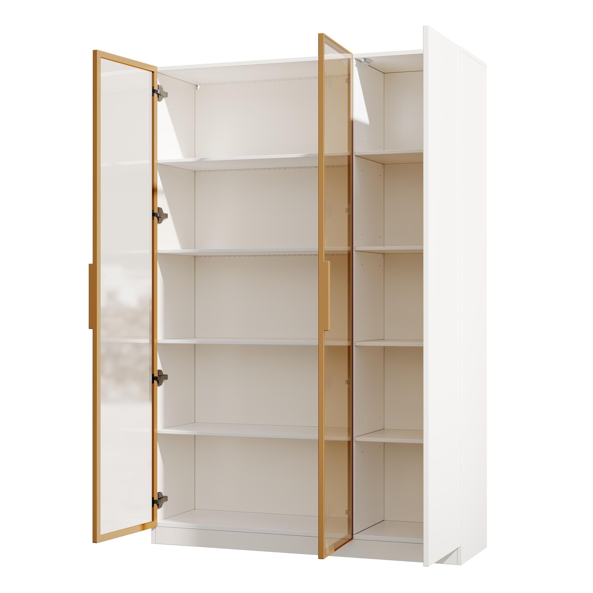 Glazen vitrine met LED-verlichting, verzamelkast met verstelbare legplanken en kantelbeveiliging, hoge kast met opbergruimte, wit, 165 cm, MDF