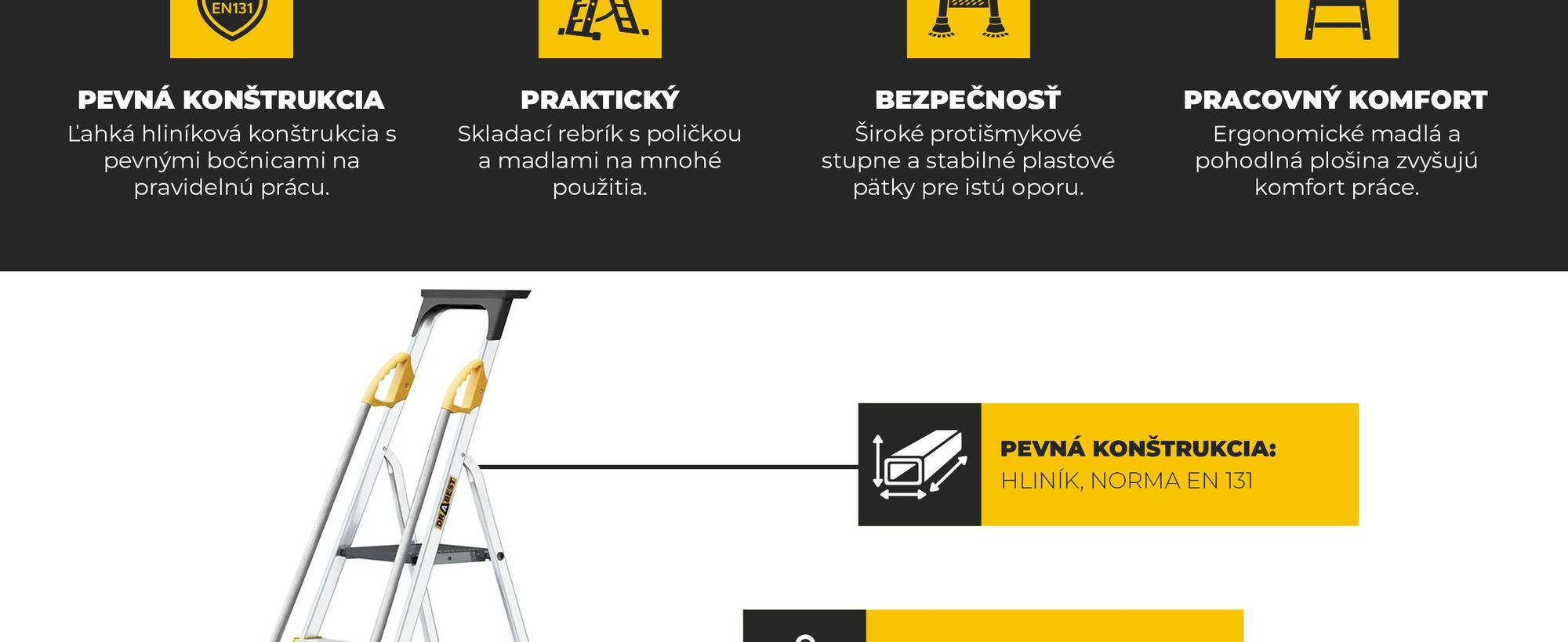 Drabest | Rebrík - 8 stupňov, nosnosť 150 kg - rebrík so zábradlím, hliníkový rebrík, protišmykové nohy, rebrík, skladací rebrík