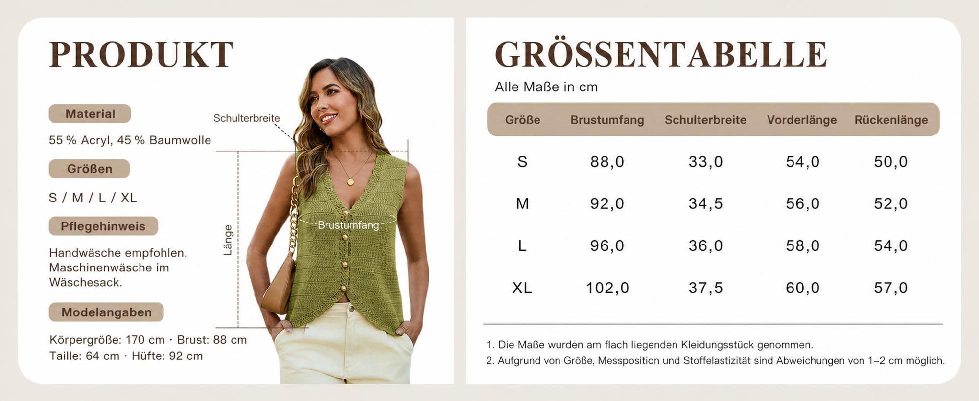 Ärmellose Strickweste für Damen, V-Ausschnitt, kurz geschnitten, Knopfleiste