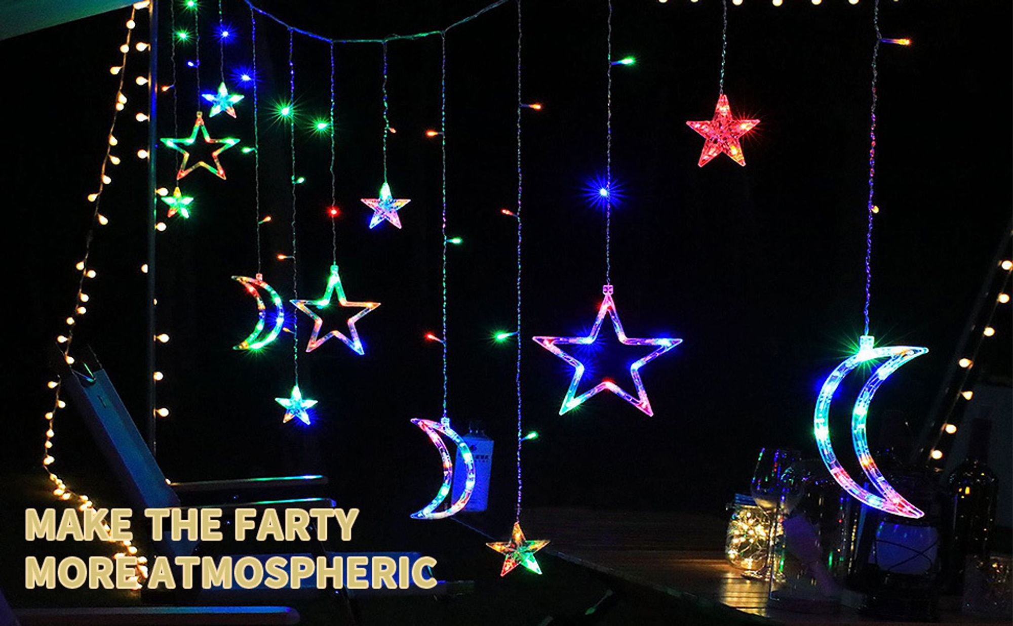 LED Sterne Monde Lichtervorhang Lichterkette 8 Beleuchtungsmodi Innen Party Fenster Garten Hochzeit Weihnachten Deko, Bunt