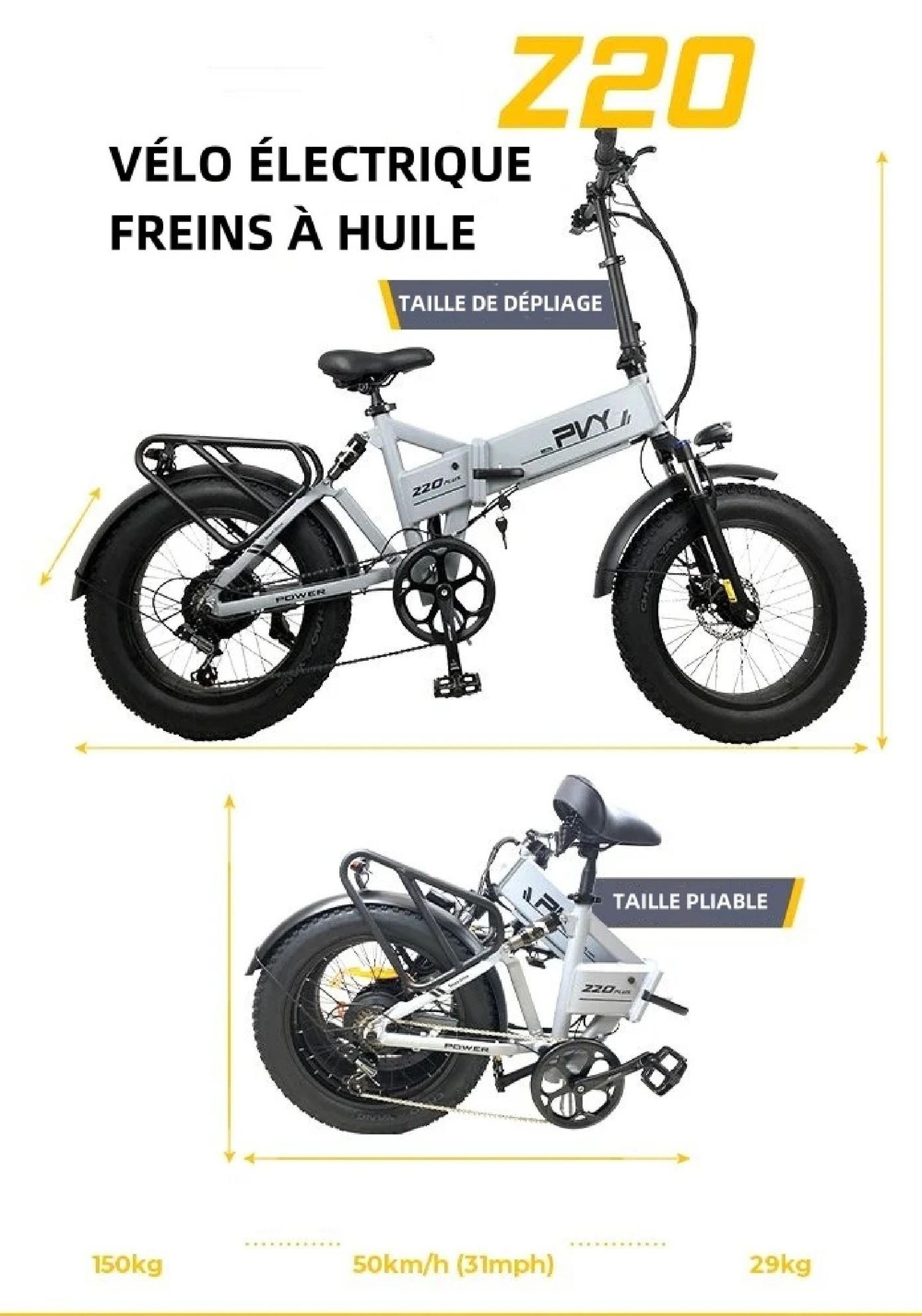 Vélo Électrique PVY Z20 Plus 1000 - Moteur 250W Batterie 48V16.5AH Freins à Disque Hydrauliques Autonomie 120KM - Gris