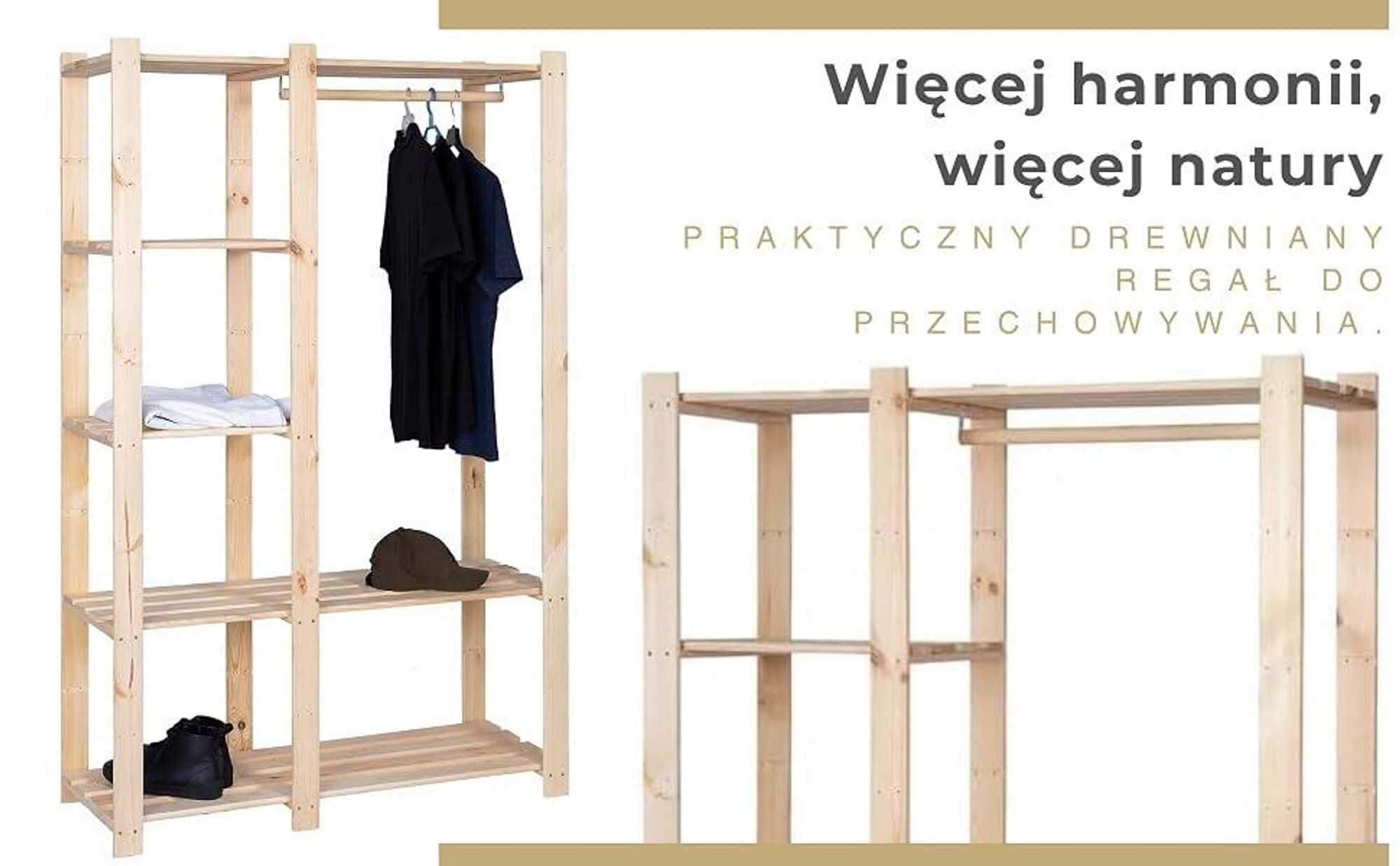 STOLMAK Regał na ubrania drewniany 110x170x38 cm z drewna sosnowego z drążkiem regał do garderoby do sypialni i salonu naturalny