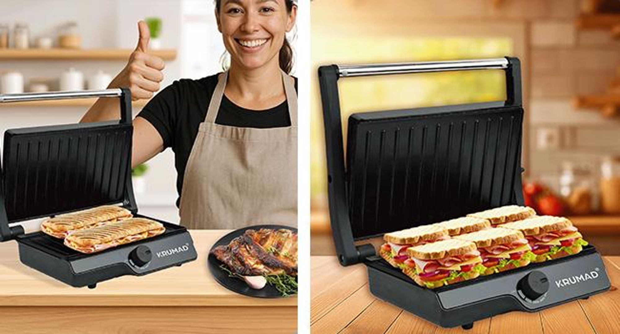 KRUMAD Elektrogrill 2000W - Mini Kontaktgrill für 2 Sandwiches & Paninis - Antihaftbeschichtung, Kompakt, Schnelle Erwärmung, Ideal für Zuhause & Büro