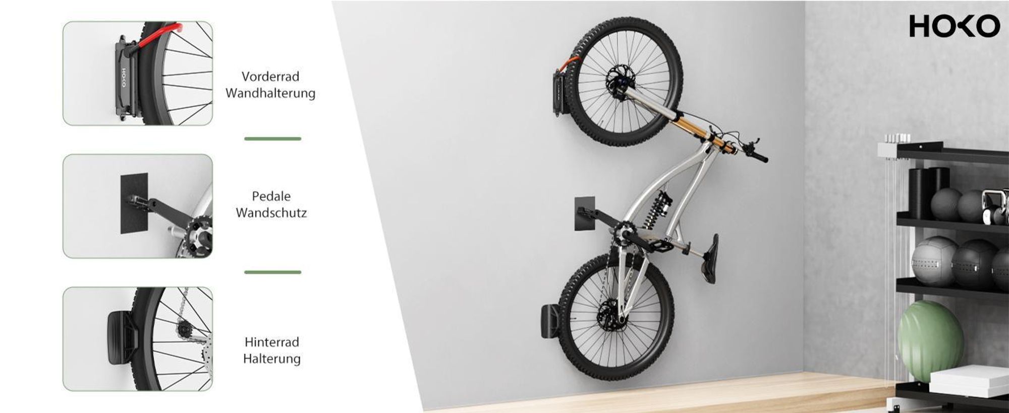 HOKO-VELO 30 Suspension de vélo pour le mur avec support de roue arrière en cadeau. Pivote sur le côté pour un rangement peu encombrant du vélo