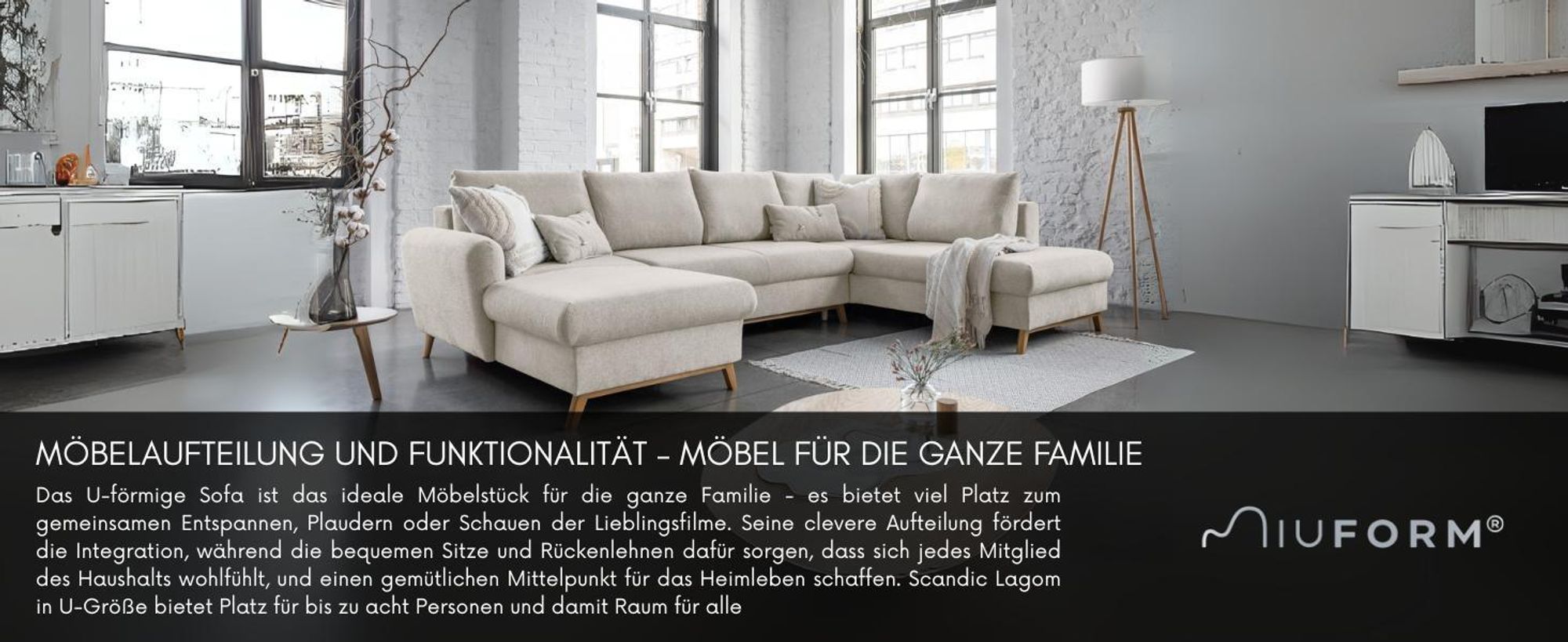 MIUFORM Scandic Lagom - Ecksofa mit Bettfunktion und Bettkasten U-FORM LINKS - 312x202 cm - Beige - Sofa Schlafsofa Couch
