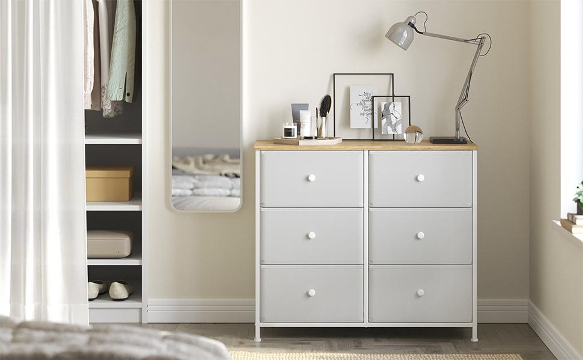SONGMICS Kommode, Schrank, 6 Stoffschubladen, Metallgestell, Weiß-Eichenfarben