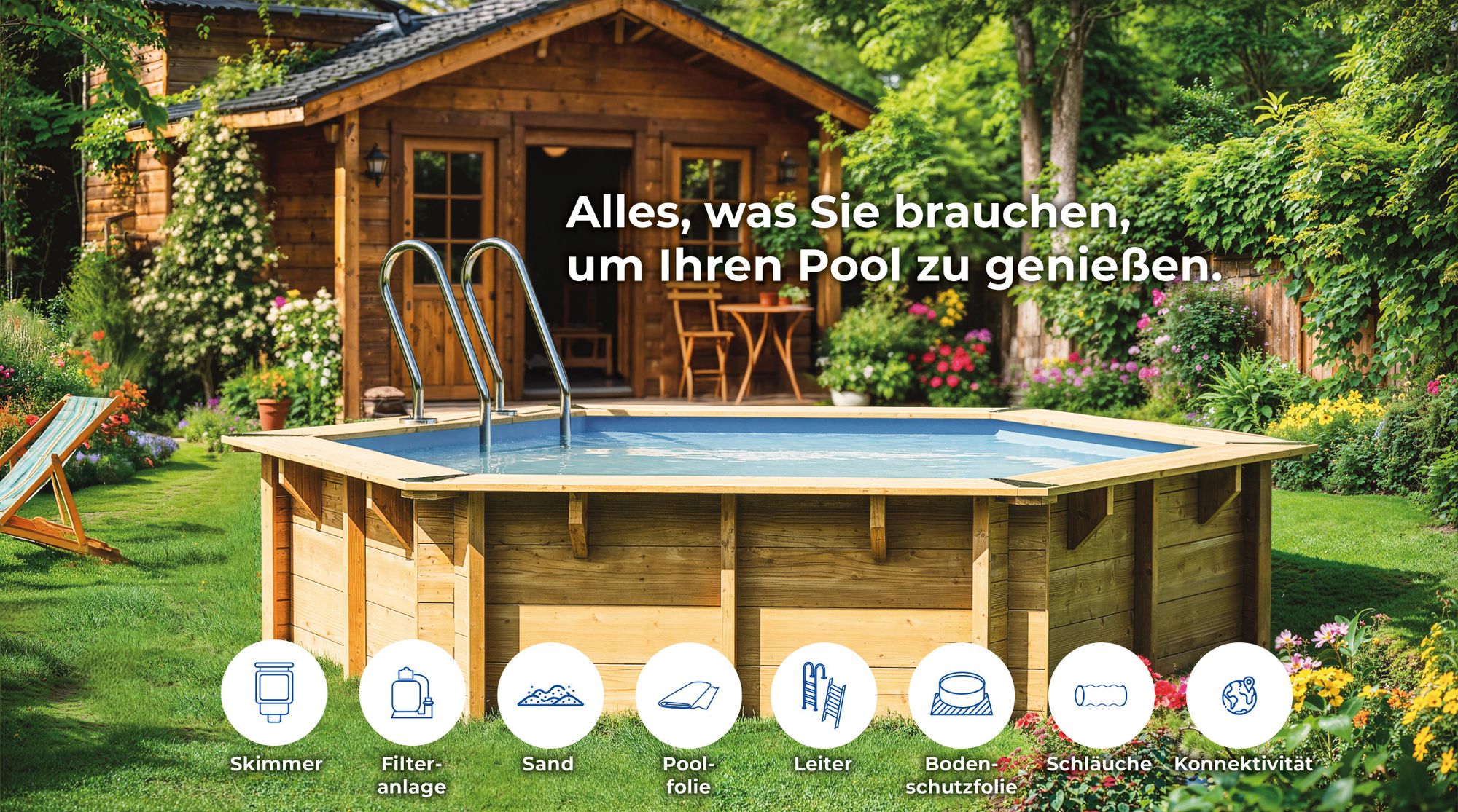 GRE Holzbecken rund Modell Vasto Ø 428 x 136 cm, Komplettset