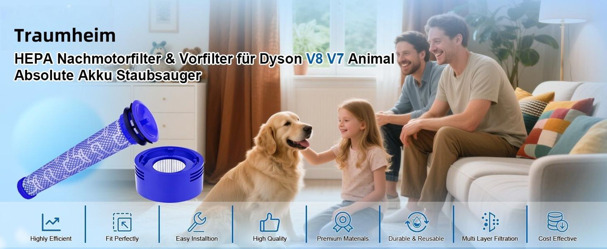 Passend für Dyson kabelloser Handstaubsauger V7 V8 Zubehör HEPA Heckfilter Hypa Filter (V8 Front Blau*2+V8 Heck*2+Vogelbürste*1)