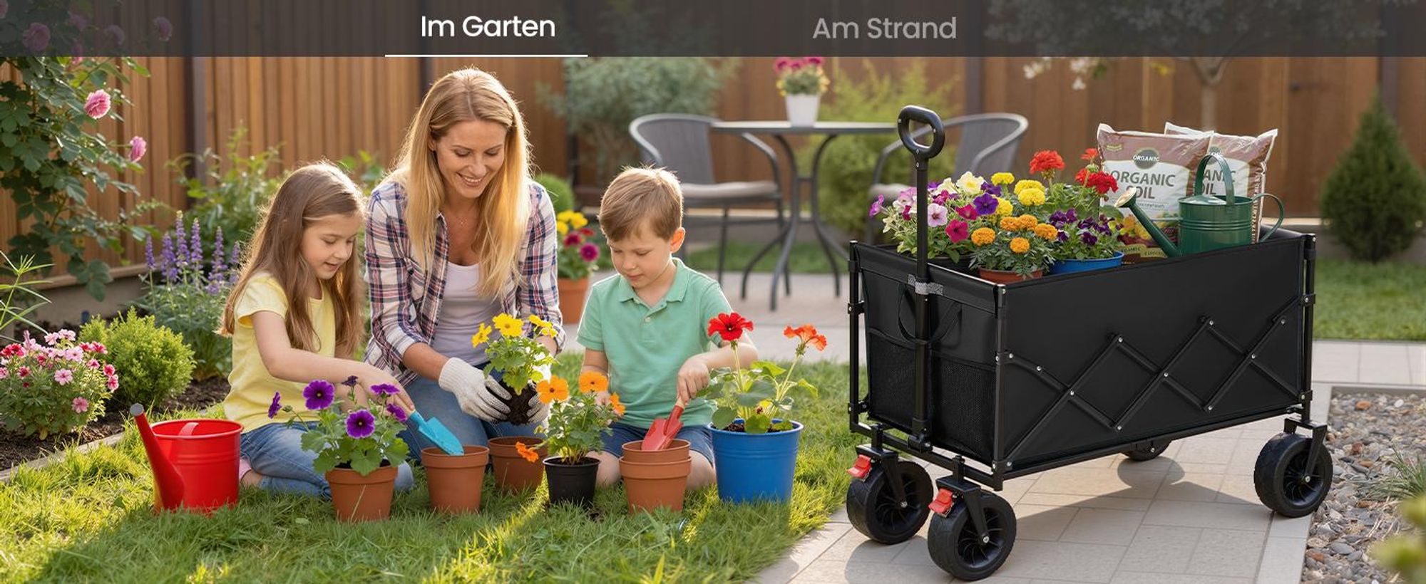 SONGMICS Faltbarer Bollerwagen, Transportwagen 200 L, Handwagen mit Griff, Outdoor Garten, 4 verstärkte Rollen, schwarz