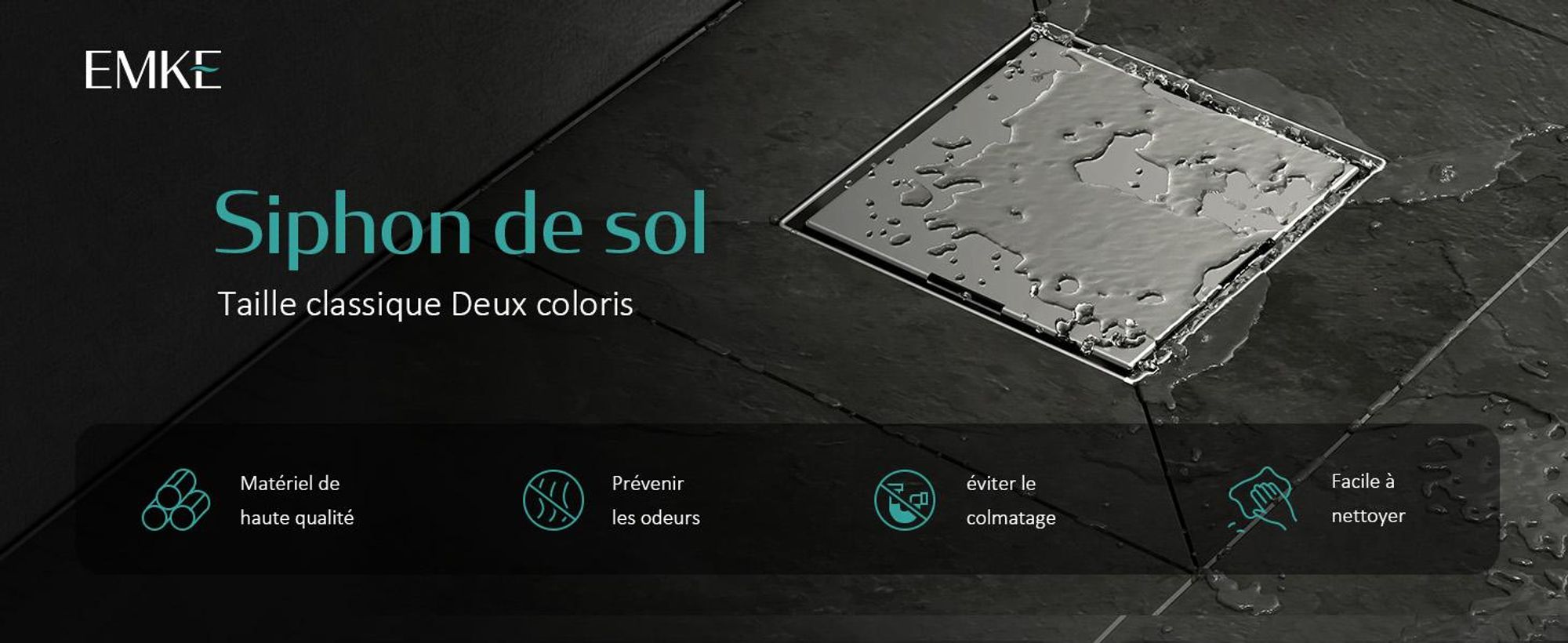 EMKE Siphon de sol en acier inoxydable, angle 152 x 152mm, siphon anti-odeur et tamis à cheveux, set d'écoulement de douche, trou d'écoulement