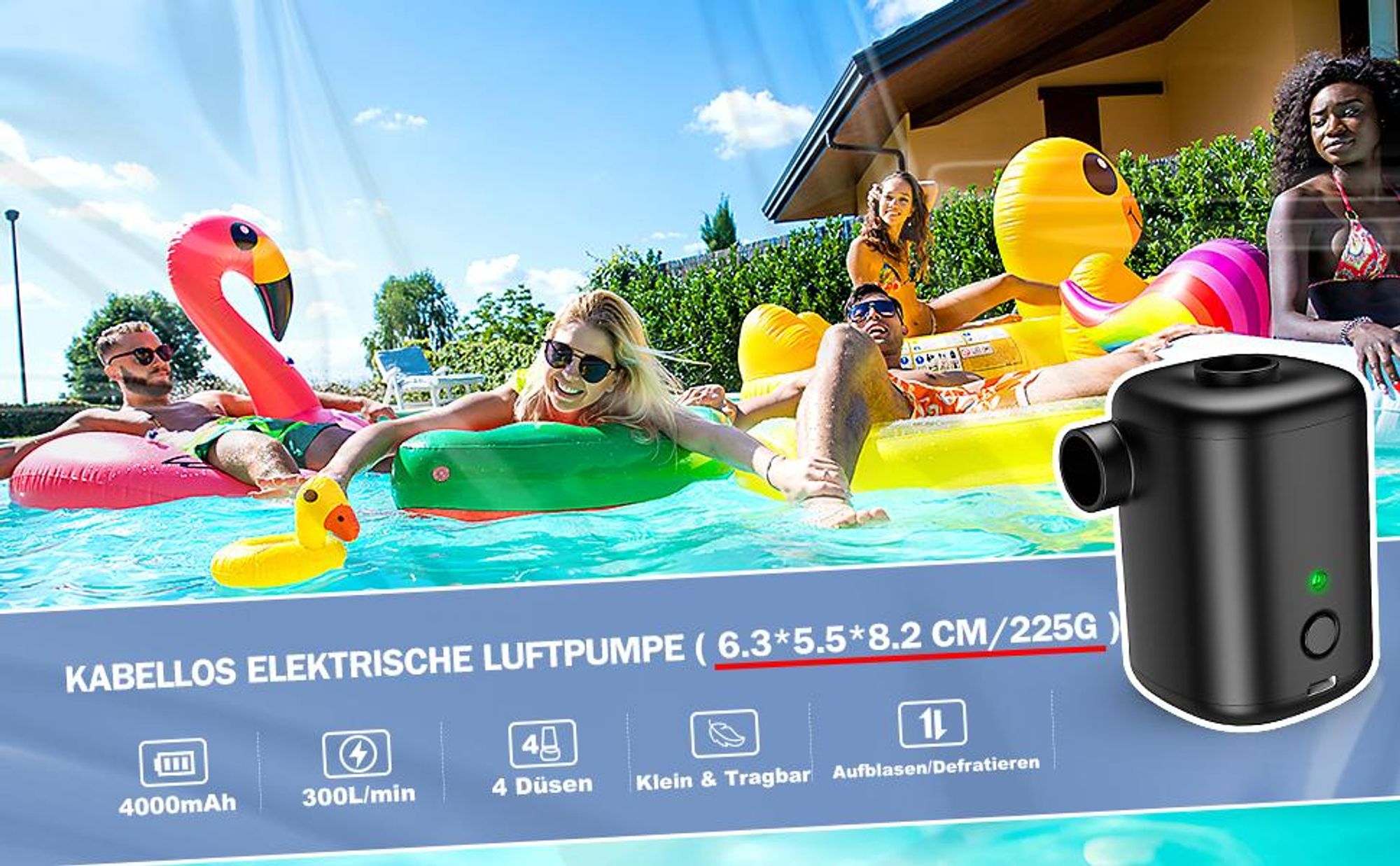 Elektrische Luftpumpe, Akku Luftpumpe, Mini Luftpumpe, 4000mAh Wiederaufladbare, mit 4 Luftdüsen, für Luftmatratze, Schwimmring, Vakuumbeutel
