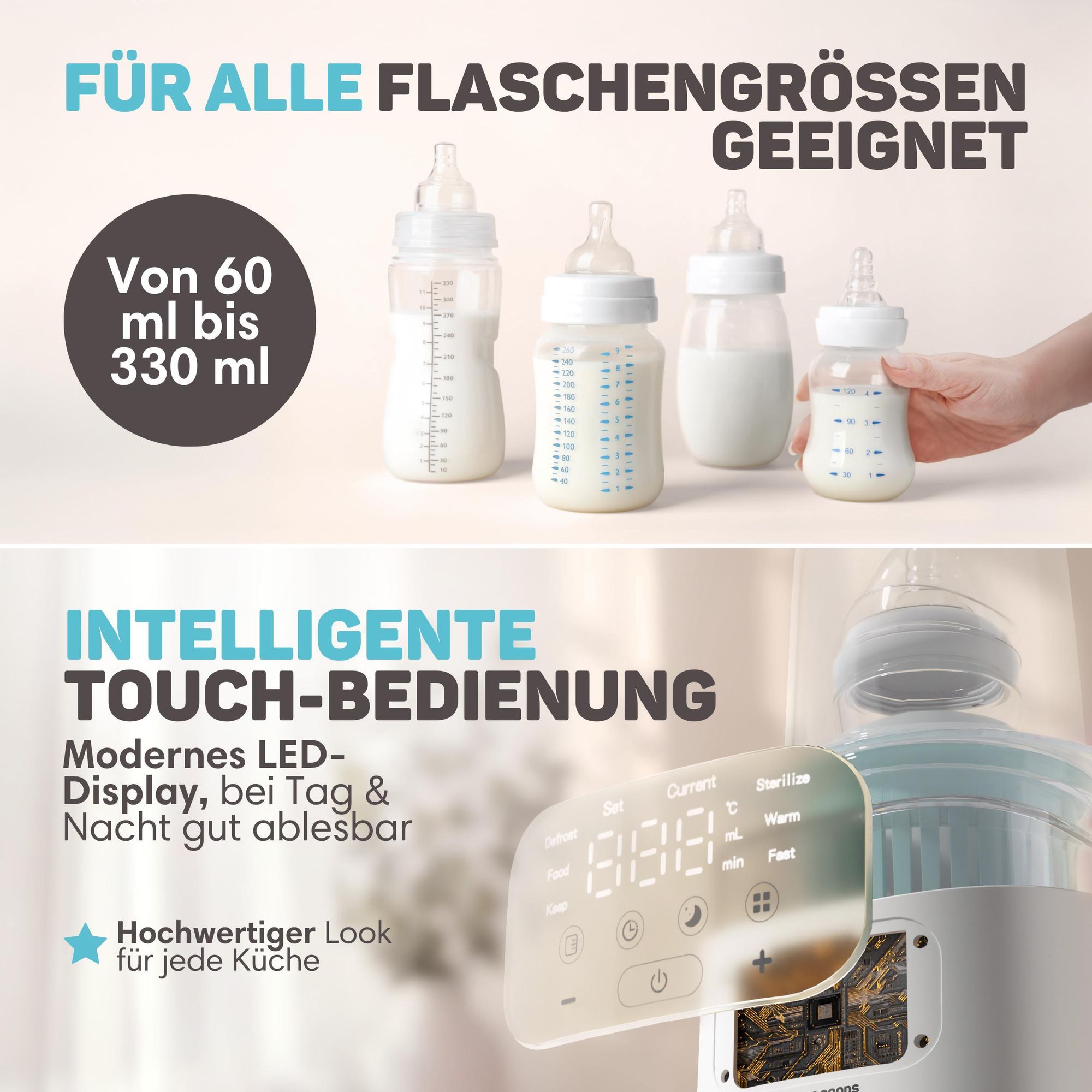 Vulpes Goods Flaschenwärmer 10-in-1, 24 Stunden warmhalten, Auftauen & Sterilisieren – Flaschenwärmer mit Nachtlicht – Sterilisator mit Dampfhaube