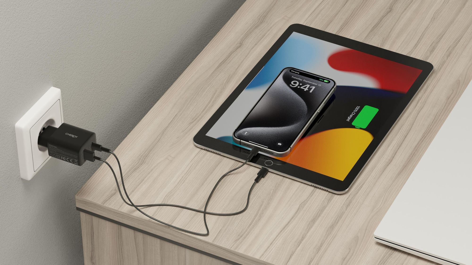 CHEROY 30W Wall Charger - USB A + C Dual Port PD Adapter – QuickCharge 3.0 - Schnellladegerät – Wandladegerät - Schwarz
