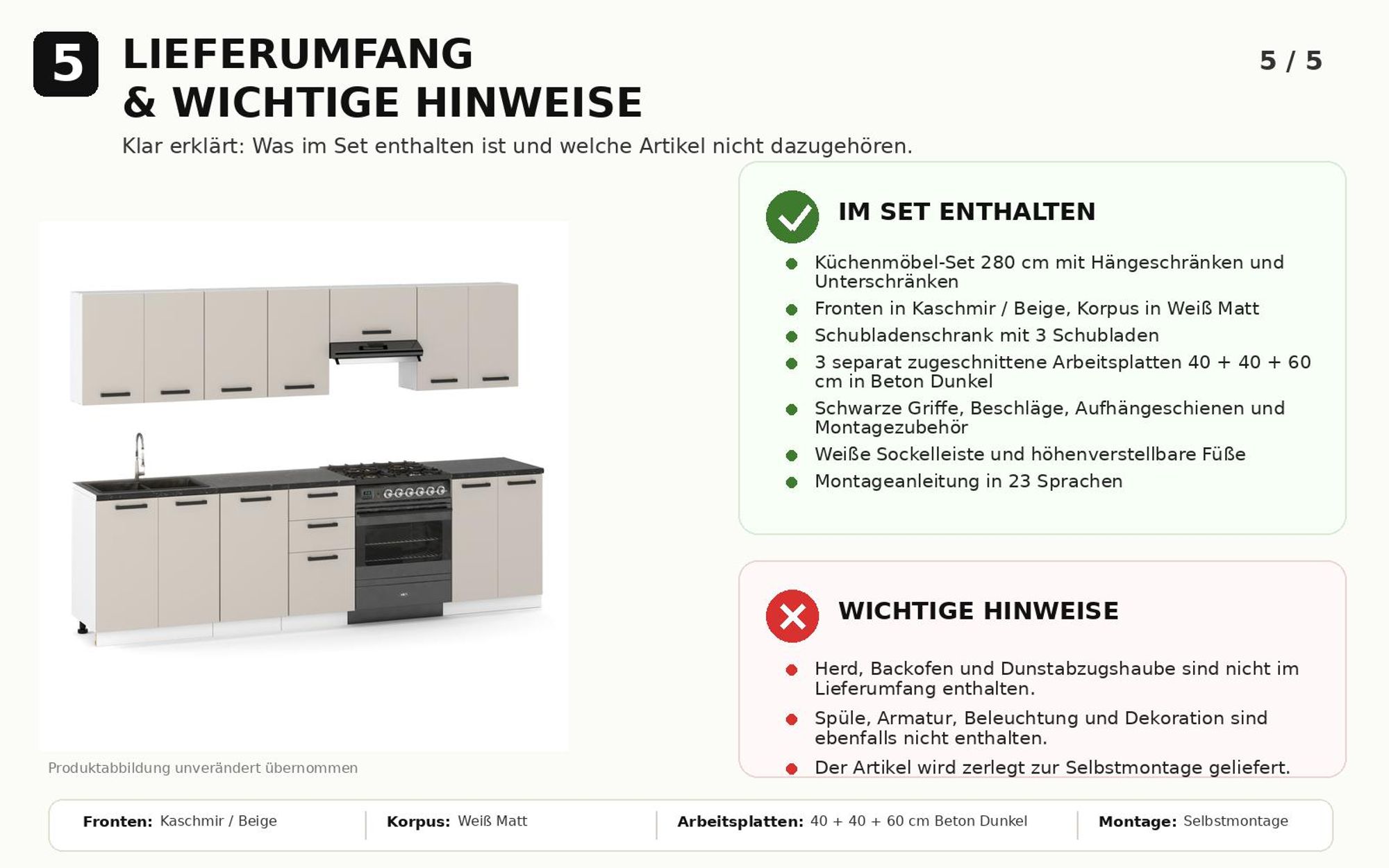 Lieferumfang der ULWEHOME Küchenzeile 280 cm Kaschmir Beige im Überblick