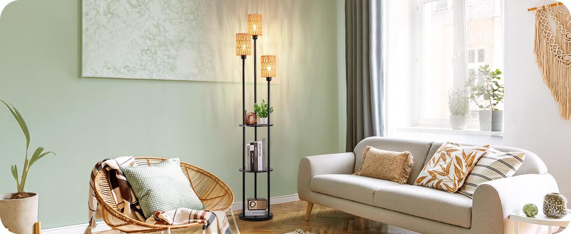 EDISHINE Stehlampe Wohnzimmer, 3-flammige Vintage Stehleuchte mit Regal, 178 cm