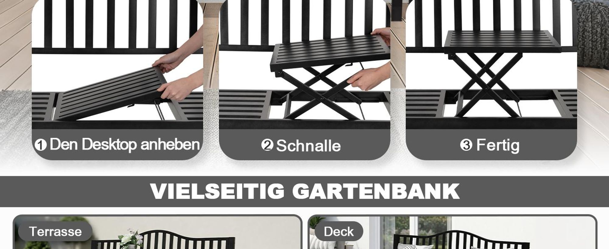 Avestar Gartenbank Outdoor Terrassenbank, E-beschichteter Metallrahmen Parkbank mit integriertem kleinen Tisch, Schwarz