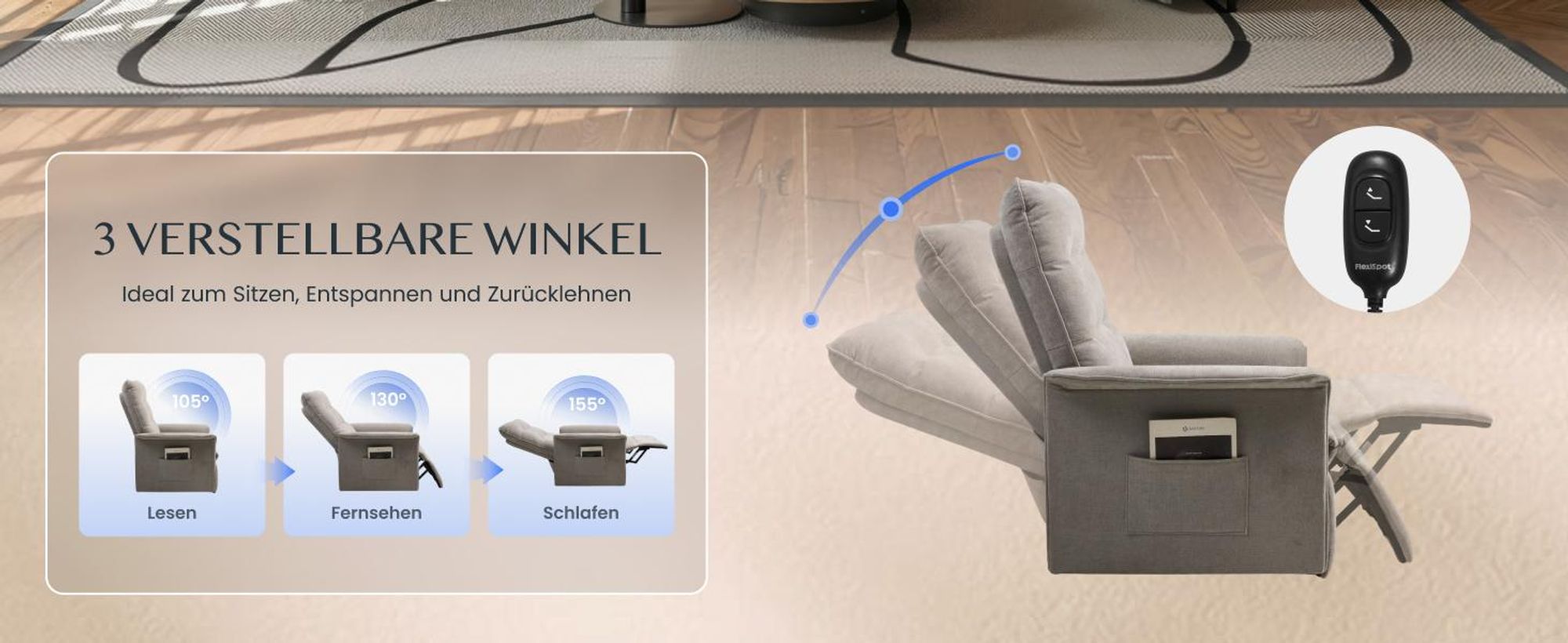 FLEXISPOT Elektrischer Relaxsessel mit Liegefunktion 105°–155°, ergonomischer Liegesessel mit Fußstütze, Fernsehsessel bis 200kg belastbar, Lichtgrau