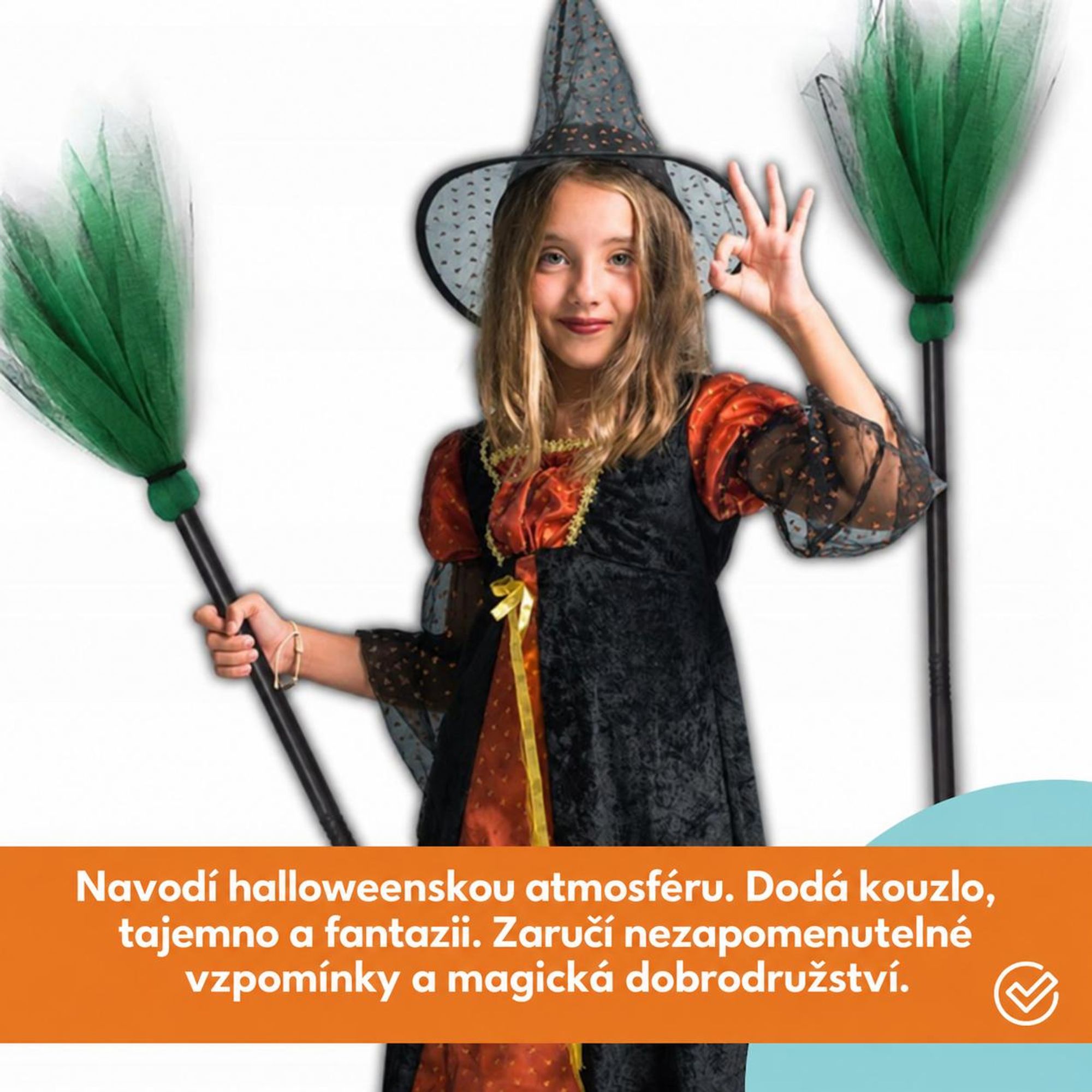 KRUMAD čarodějnické koště zelené 87 cm - skládací, lehké a robustní, kostýmový doplněk pro děti a dospělé, Halloween a karneval