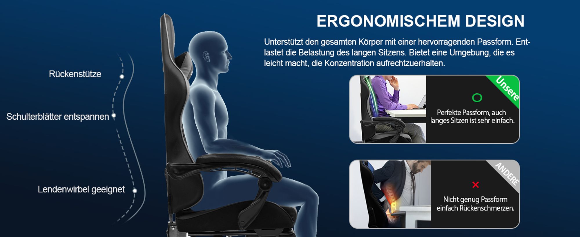 LUCKRACER Gaming-Stuhl Gaming Chair Bürostuhl Ergonomisch mit Lendenkissen Kopfkissen, Höhenverstellbarer Gamer Stuhl 150kg Belastbar, Fußstütze grau