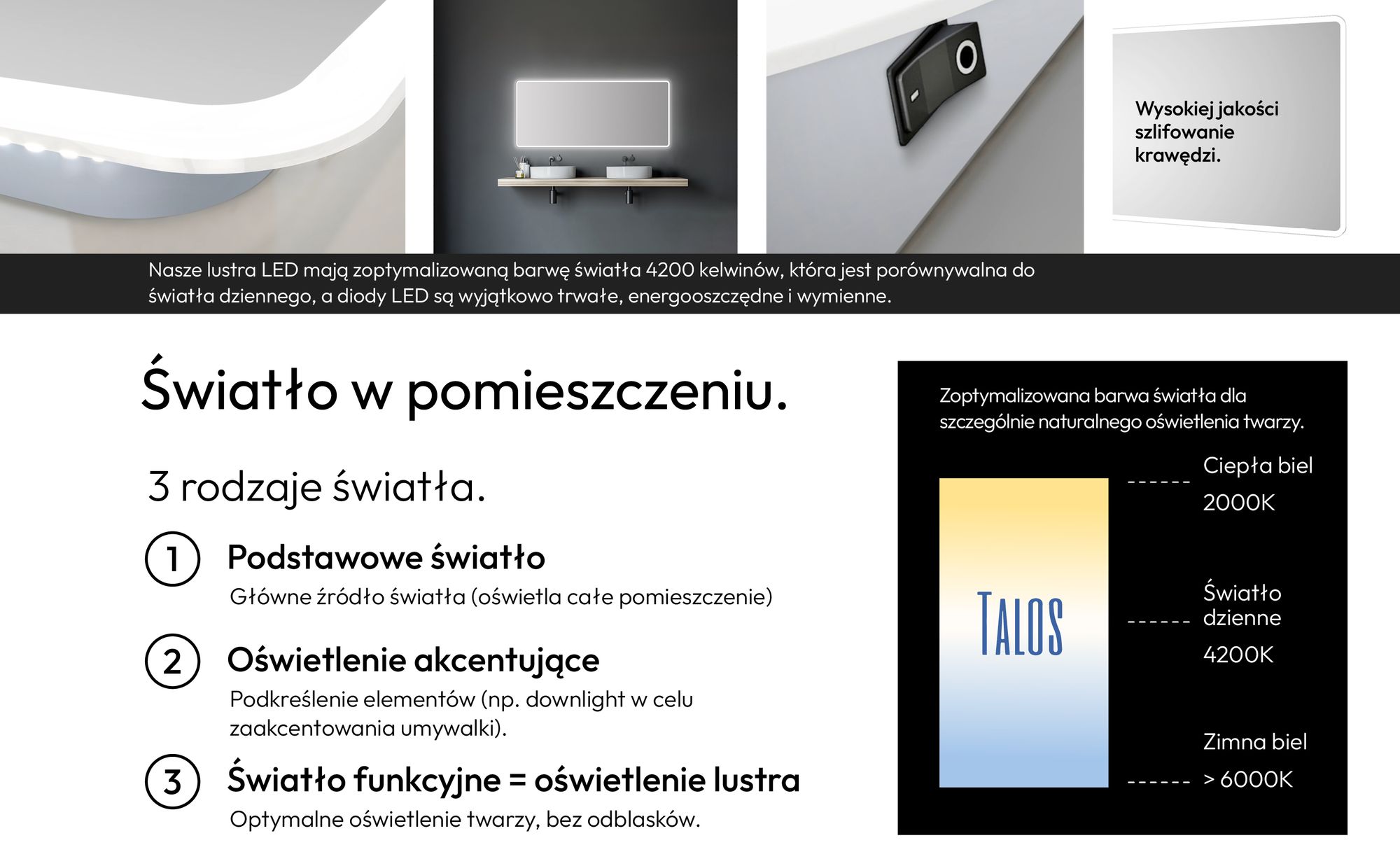 Lustro łazienkowe z oświetleniem TALOS Moon LED 180x70 cm - odporne na wilgoć dzięki aluminiowej ramie - jasny, neutralny biały kolor