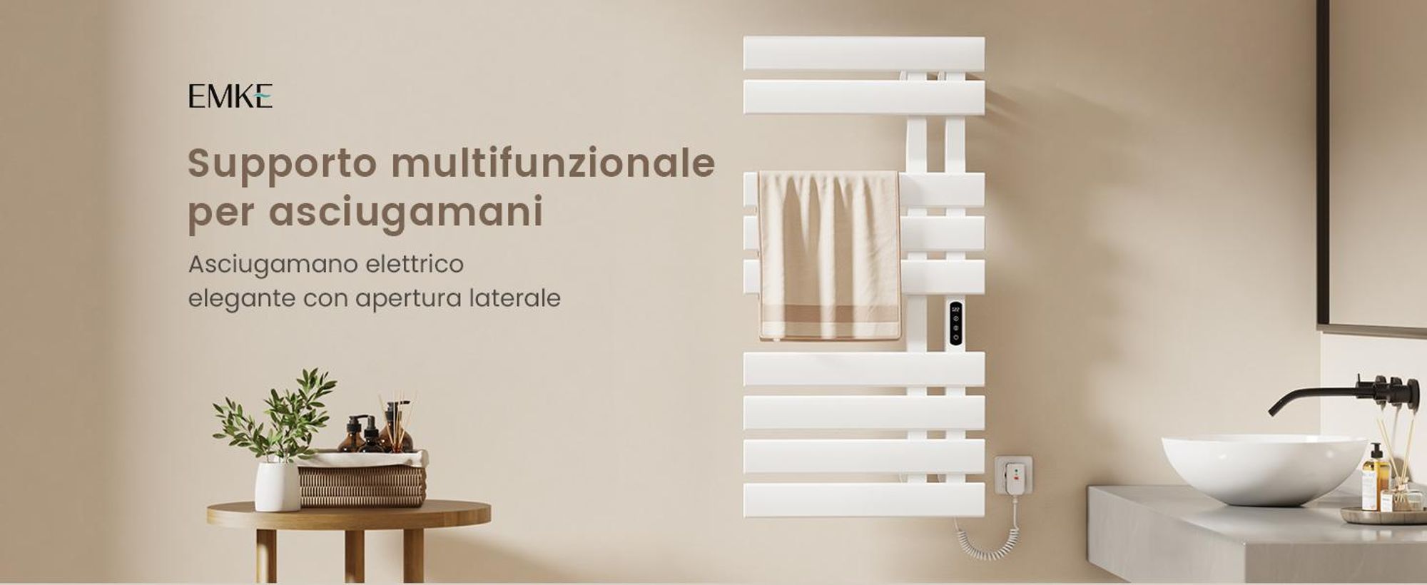 EMKE Scaldasalviette elettrico 1000X500mm 320W bianco attacco a destra, intelligente WiFi App, touch LCD, Timer 1-9H, IPX5