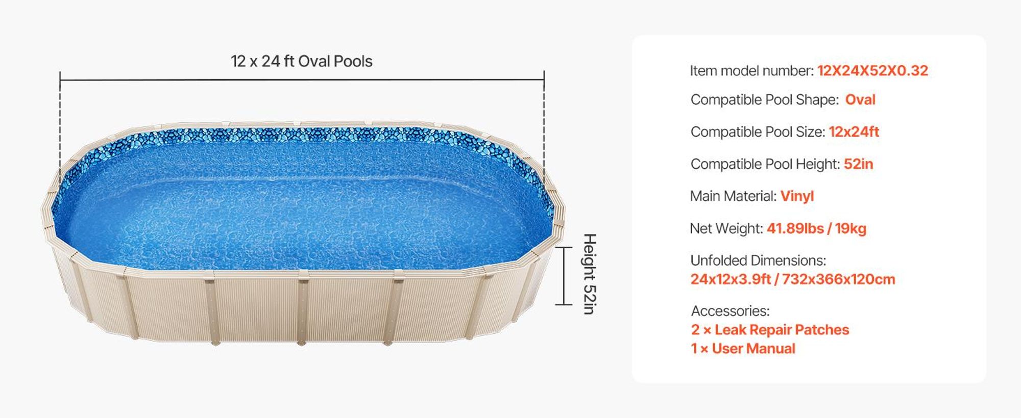 VEVOR Ovale Poolfolie, 732 x 366 x 120 cm, Aufstellpoolfolie, langlebiges Vinyl in Standarddicke, konzipiert für Aufstellpools mit Stahlwänden